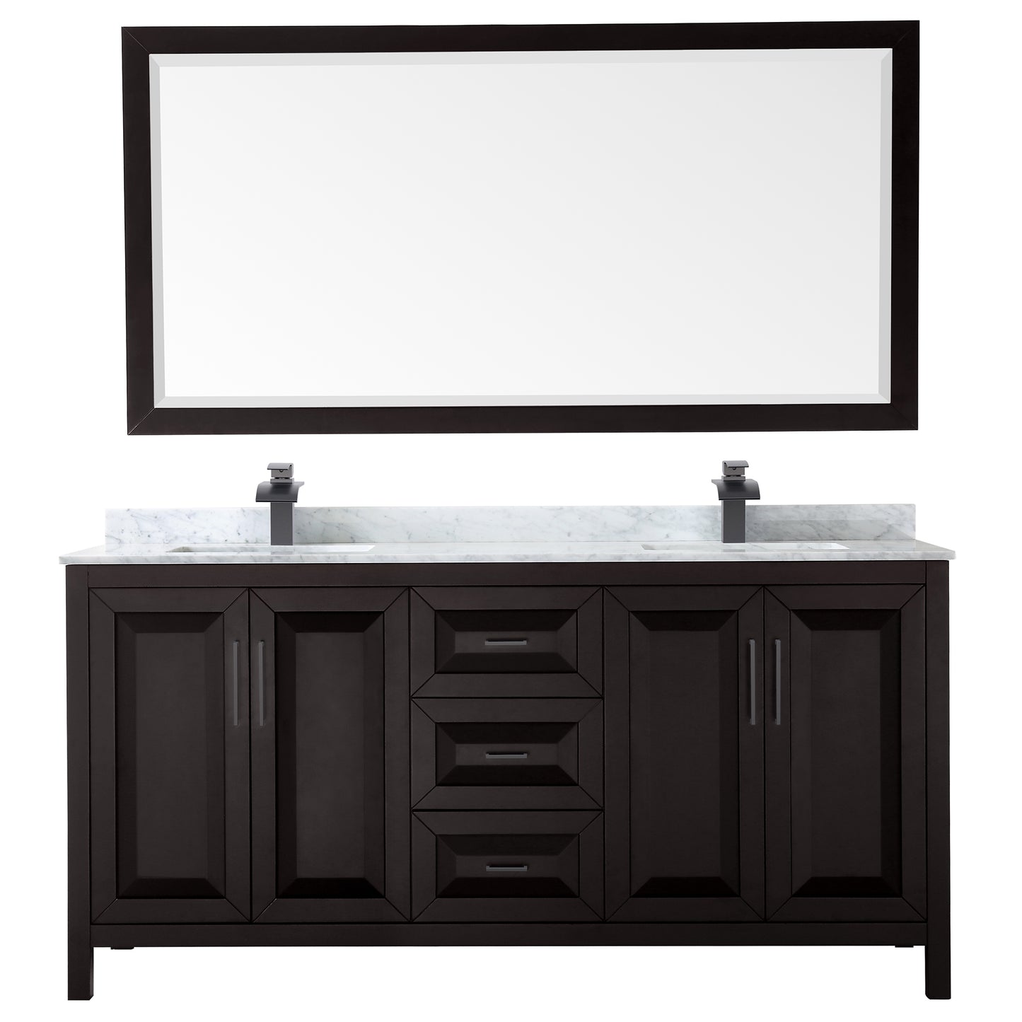 Daria 72" Double Vanity in Dark Espresso, Top, Black Trim, 70" Mirror