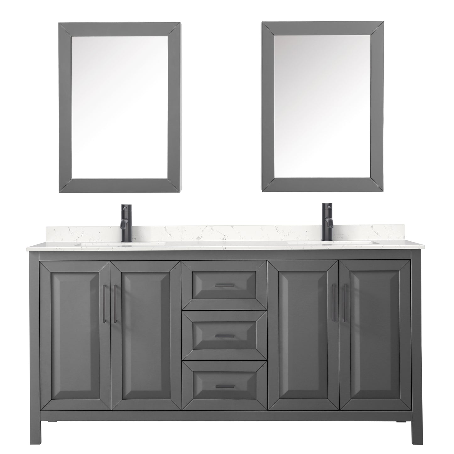 Daria 72" Gray Double Vanity, Carrara Marble Top, Black Trim, Medicine Cabinets