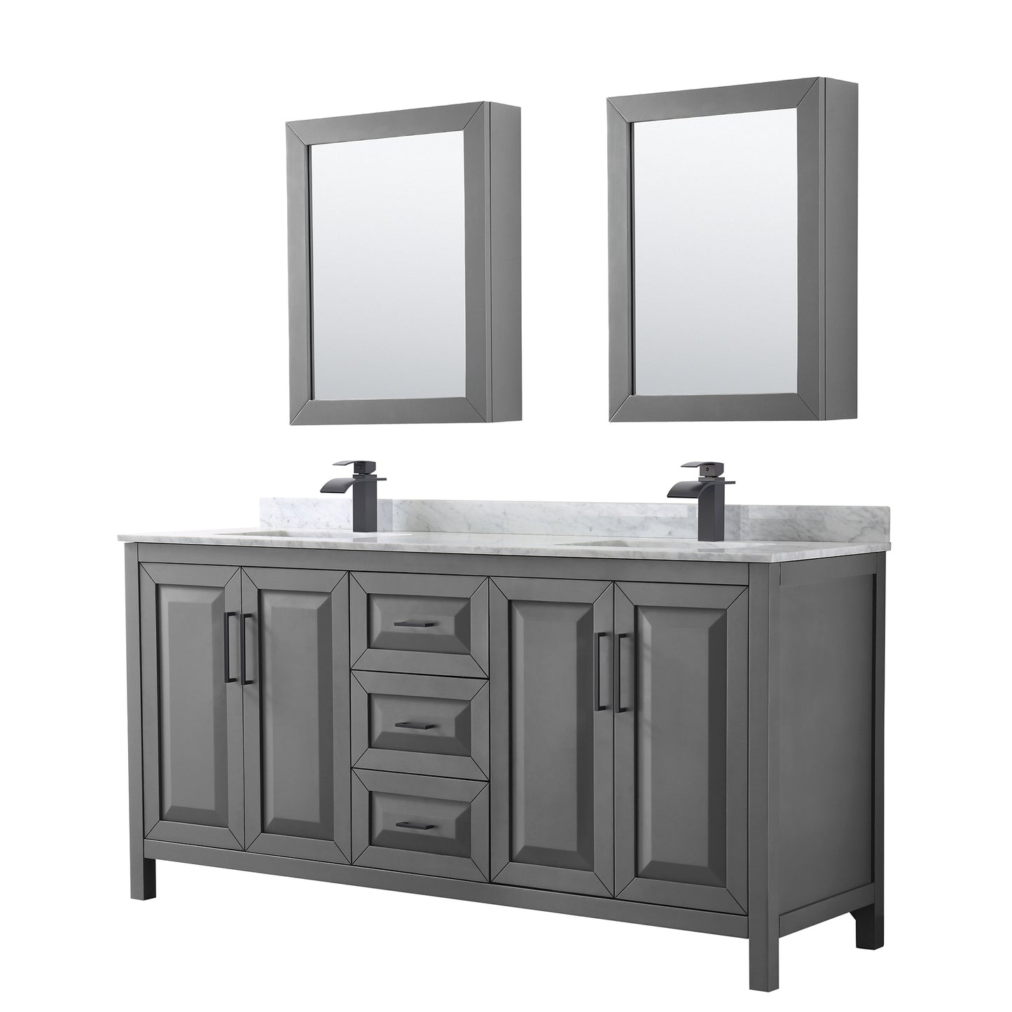 Daria 72" Double Vanity in Dark Gray, Top, Black Trim, Medicine Cabinets