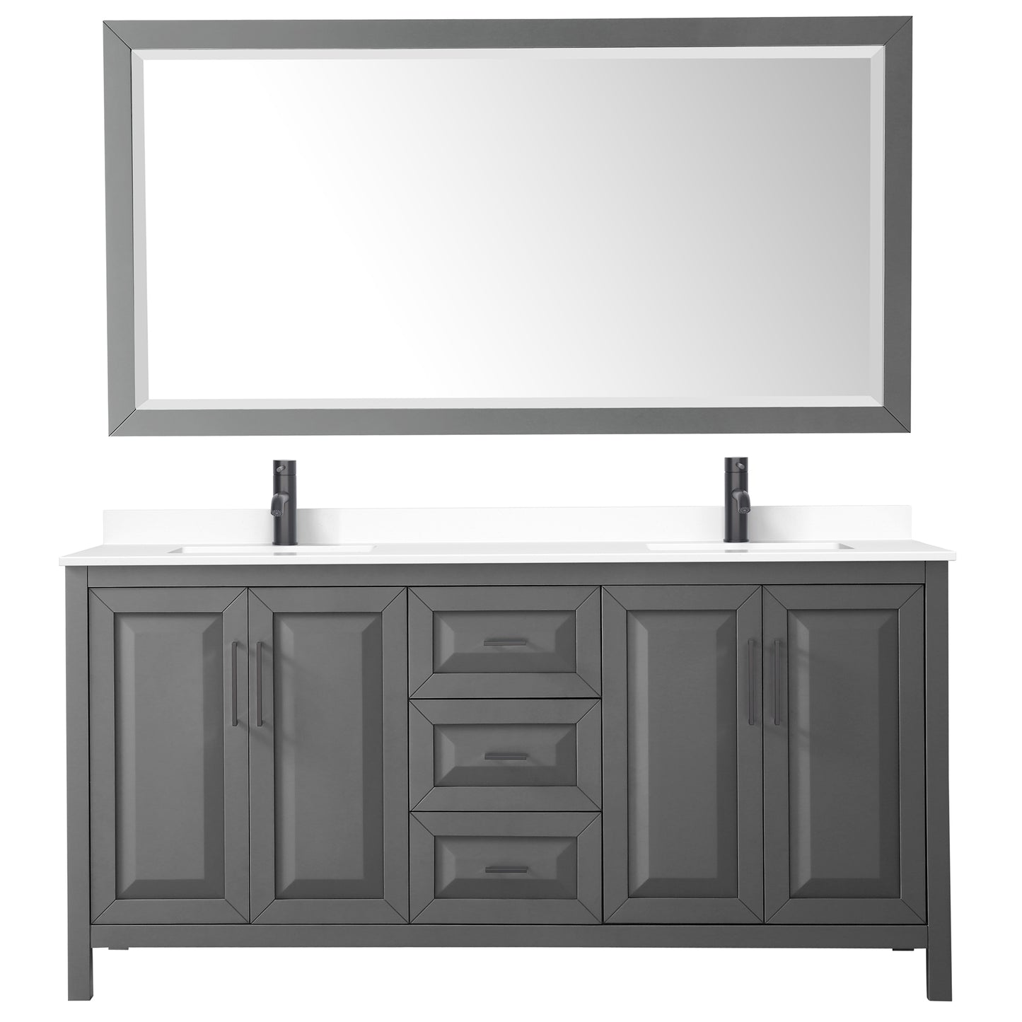 Daria 72" Double Vanity in Dark Gray, White Marble Top, Black Trim, 70" Mirror