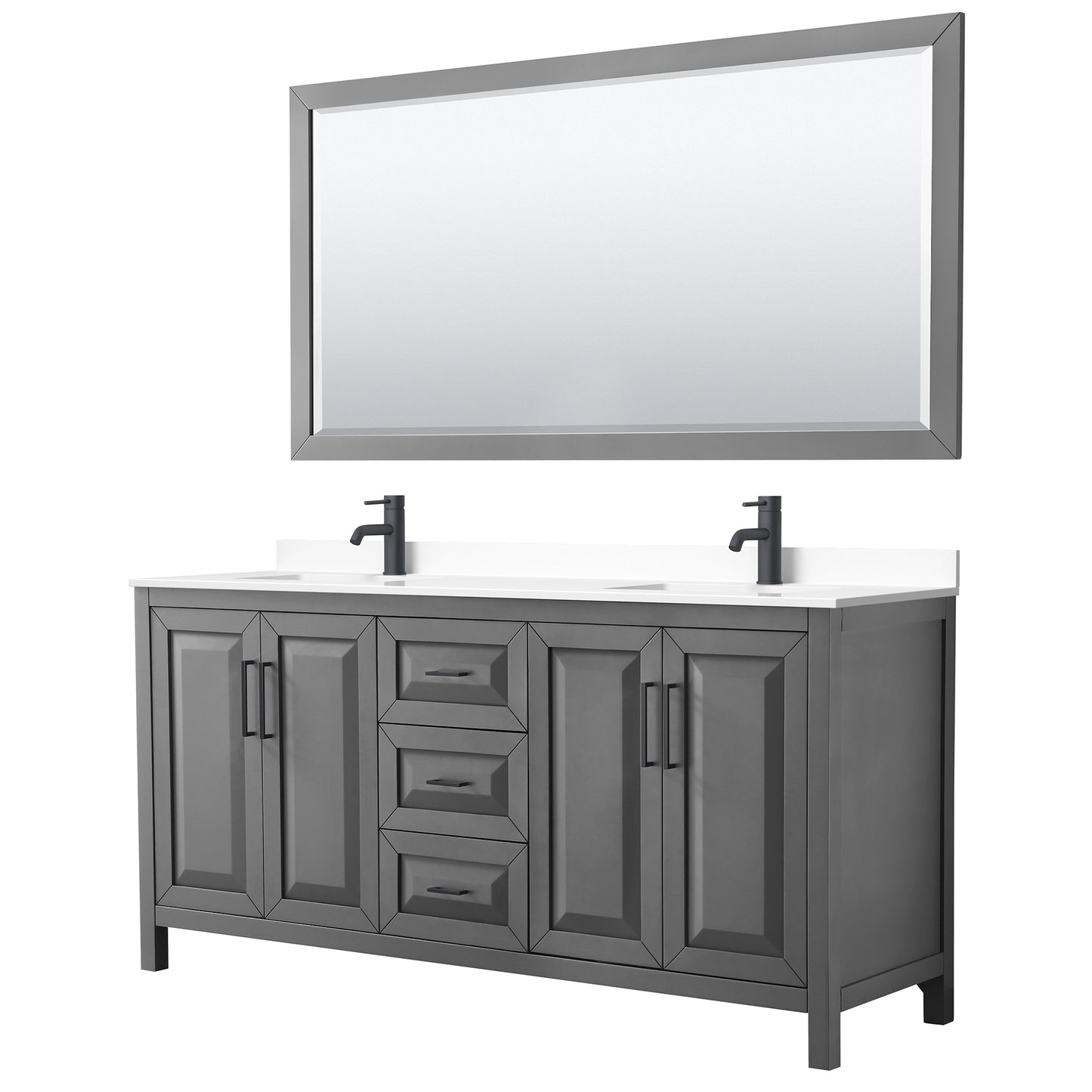Daria 72" Double Vanity in Dark Gray, White Marble Top, Black Trim, 70" Mirror