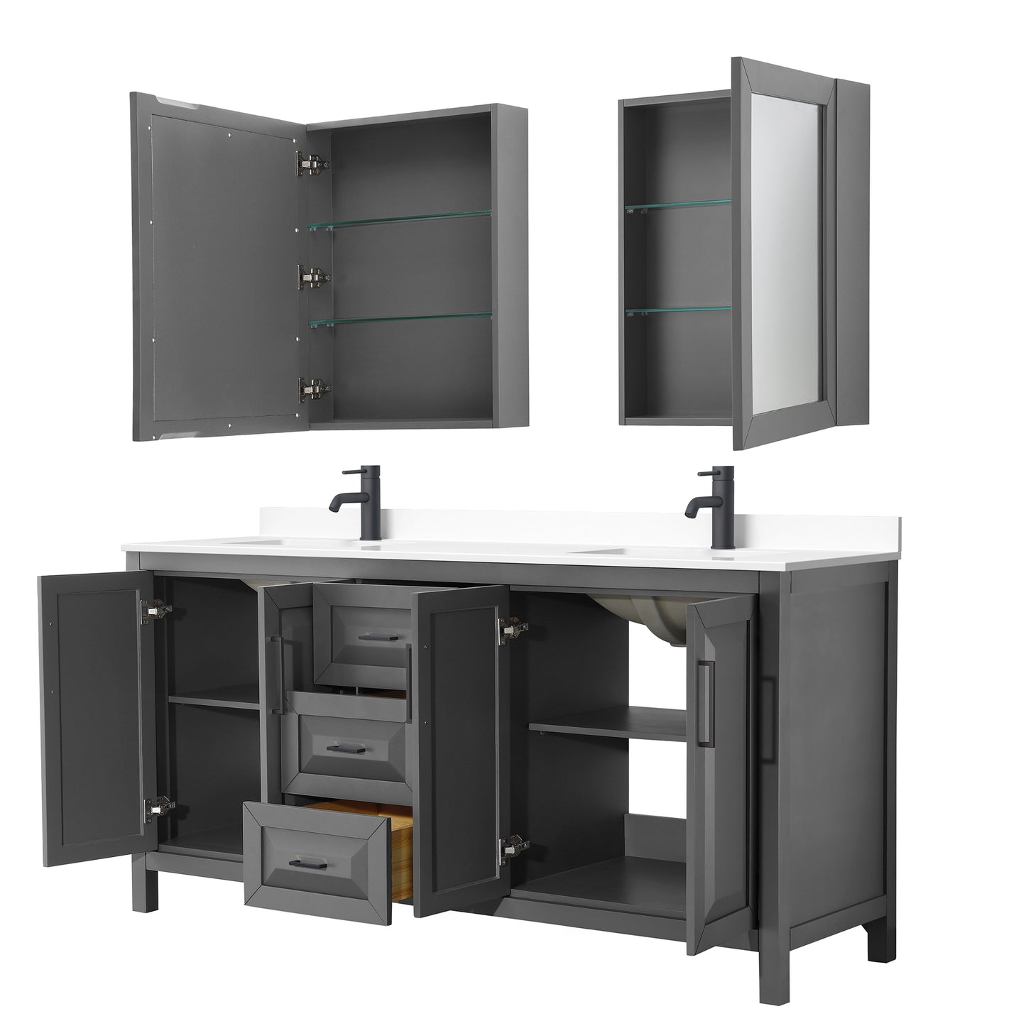 Daria 72" Gray Double Vanity, White Marble Top, Black Trim, Medicine Cabinets