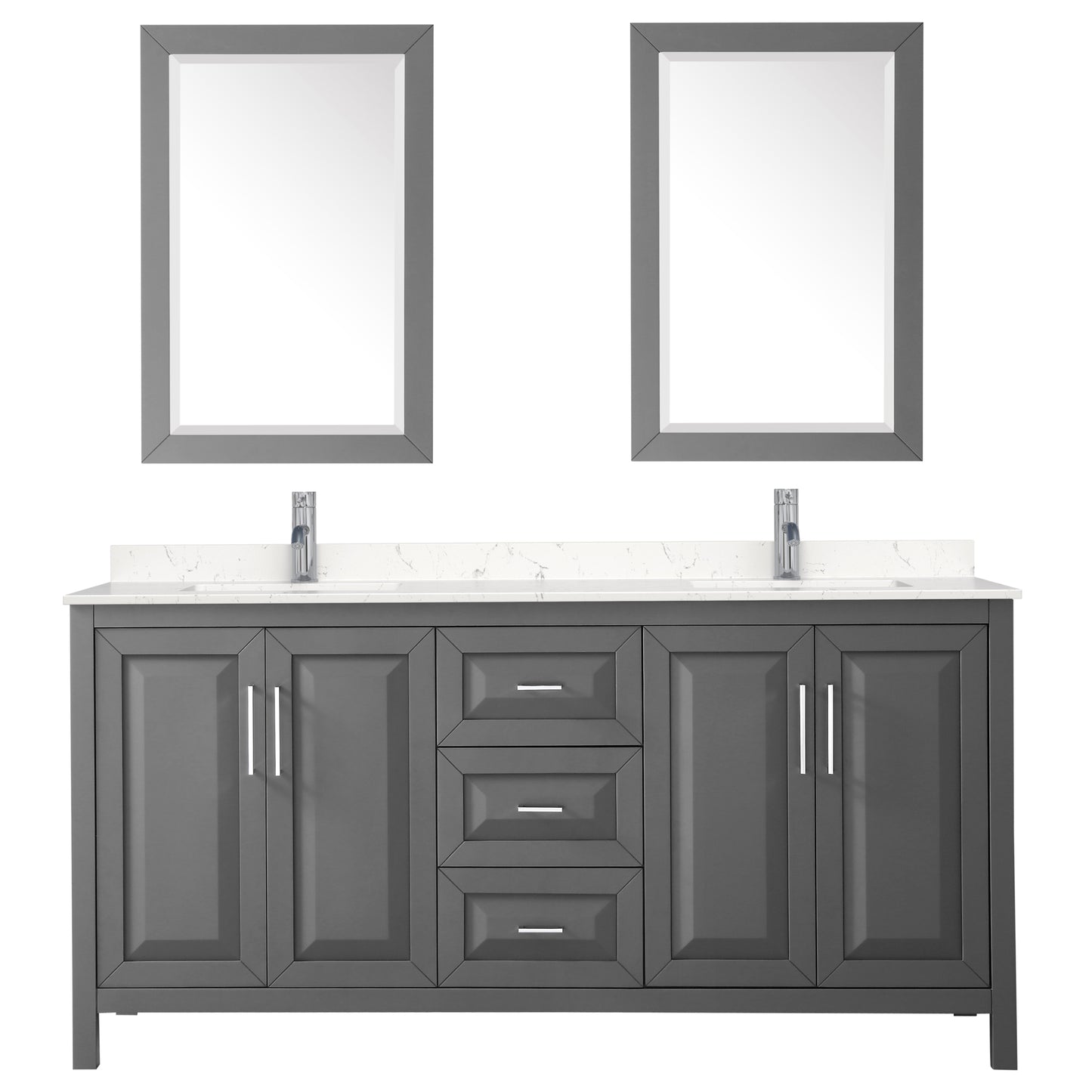 Daria 72" Double Vanity in Dark Gray, Carrara Cultured Marble Top, 24" Mirrors
