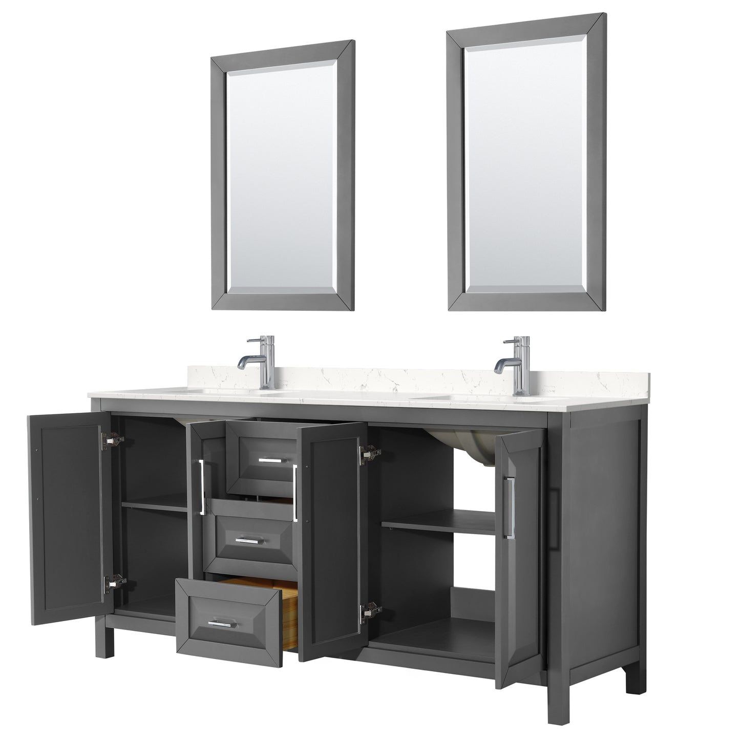 Daria 72" Double Vanity in Dark Gray, Carrara Cultured Marble Top, 24" Mirrors