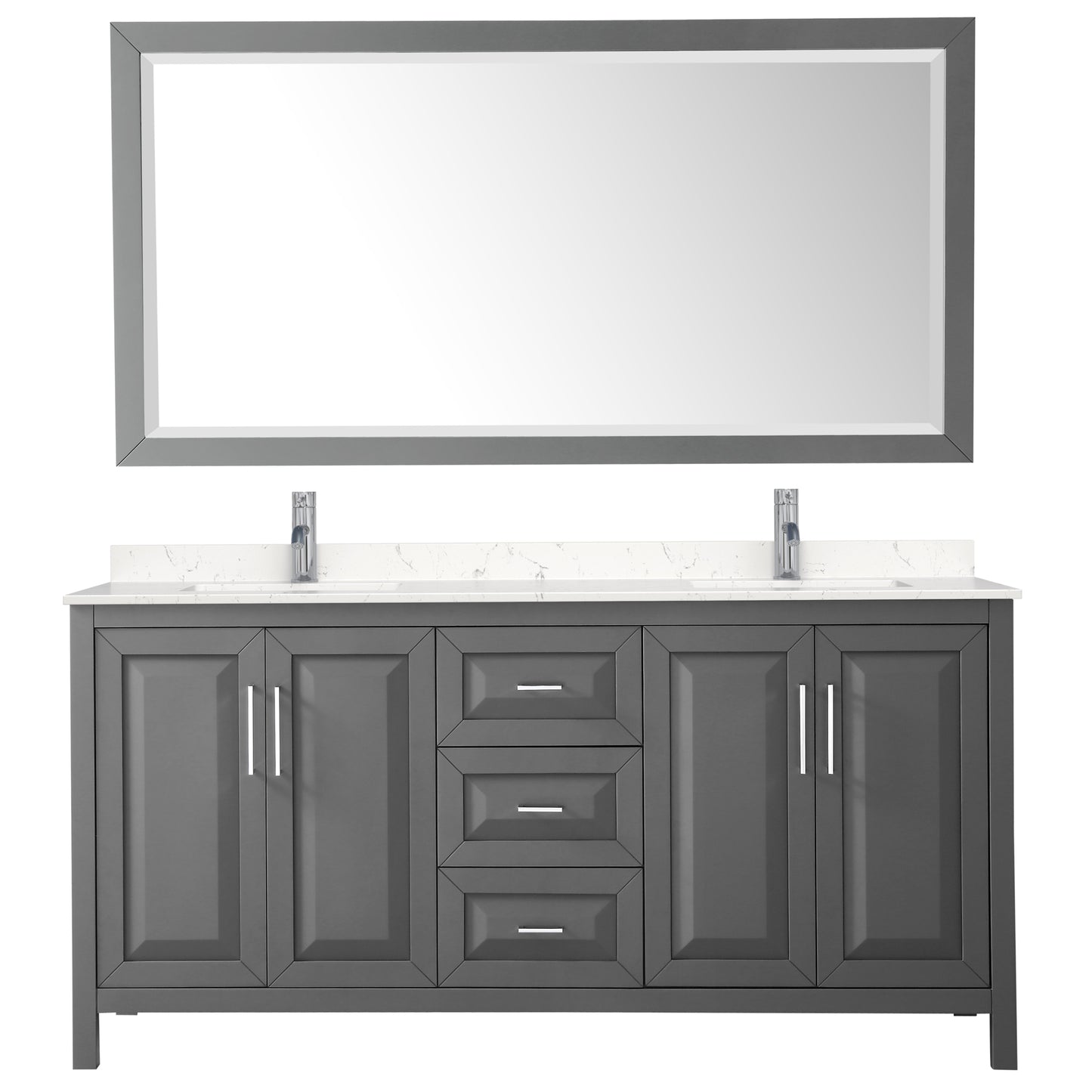 Daria 72" Double Vanity in Dark Gray, Carrara Cultured Marble Top, 70" Mirror