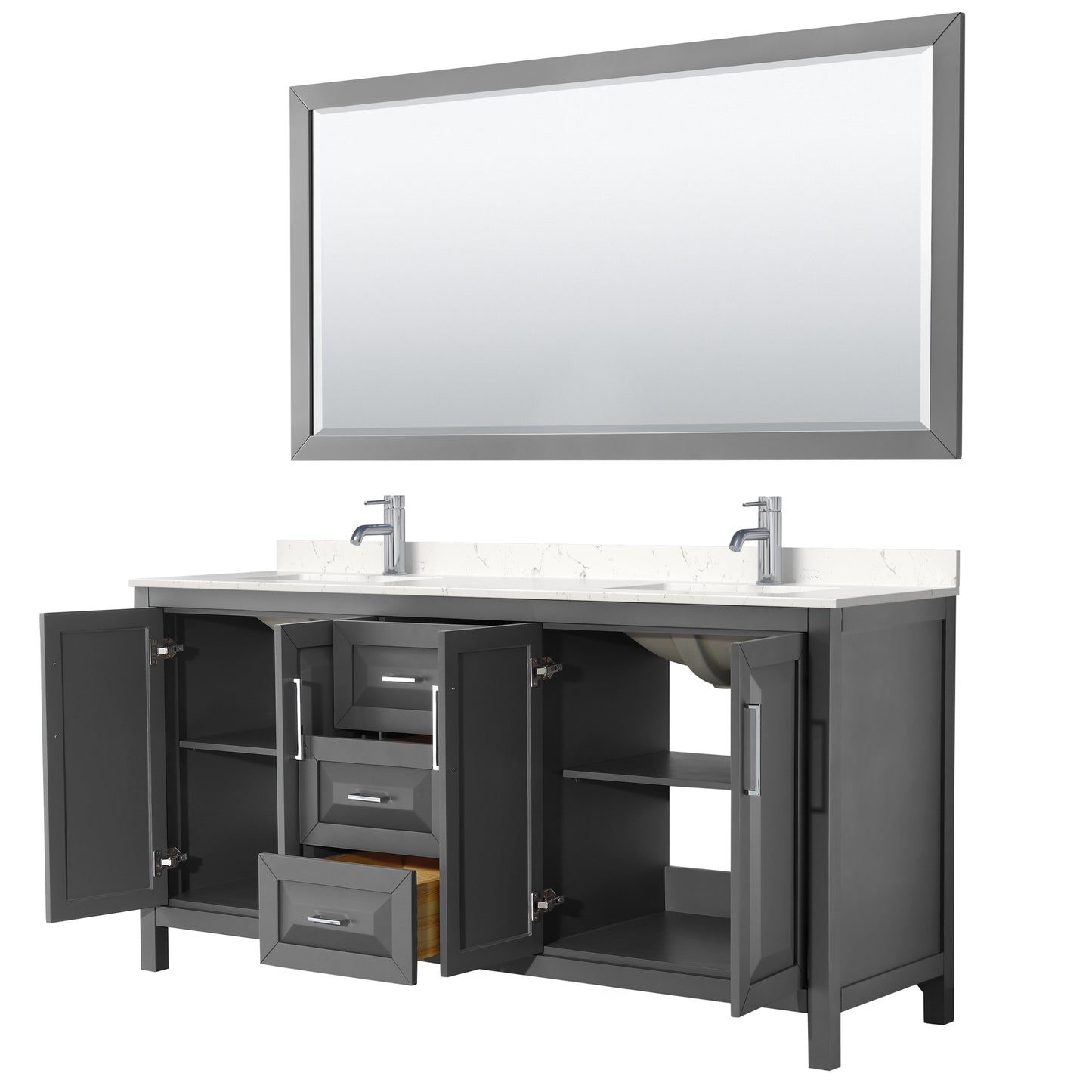Daria 72" Double Vanity in Dark Gray, Carrara Cultured Marble Top, 70" Mirror