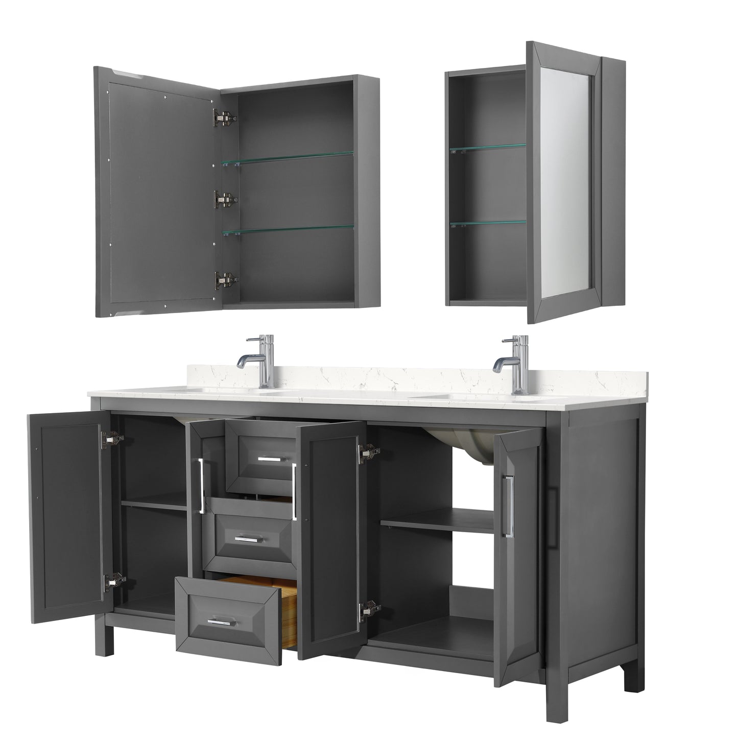 Daria 72" Double Vanity in Gray, Carrara Cultured Marble Top, Medicine Cabinets