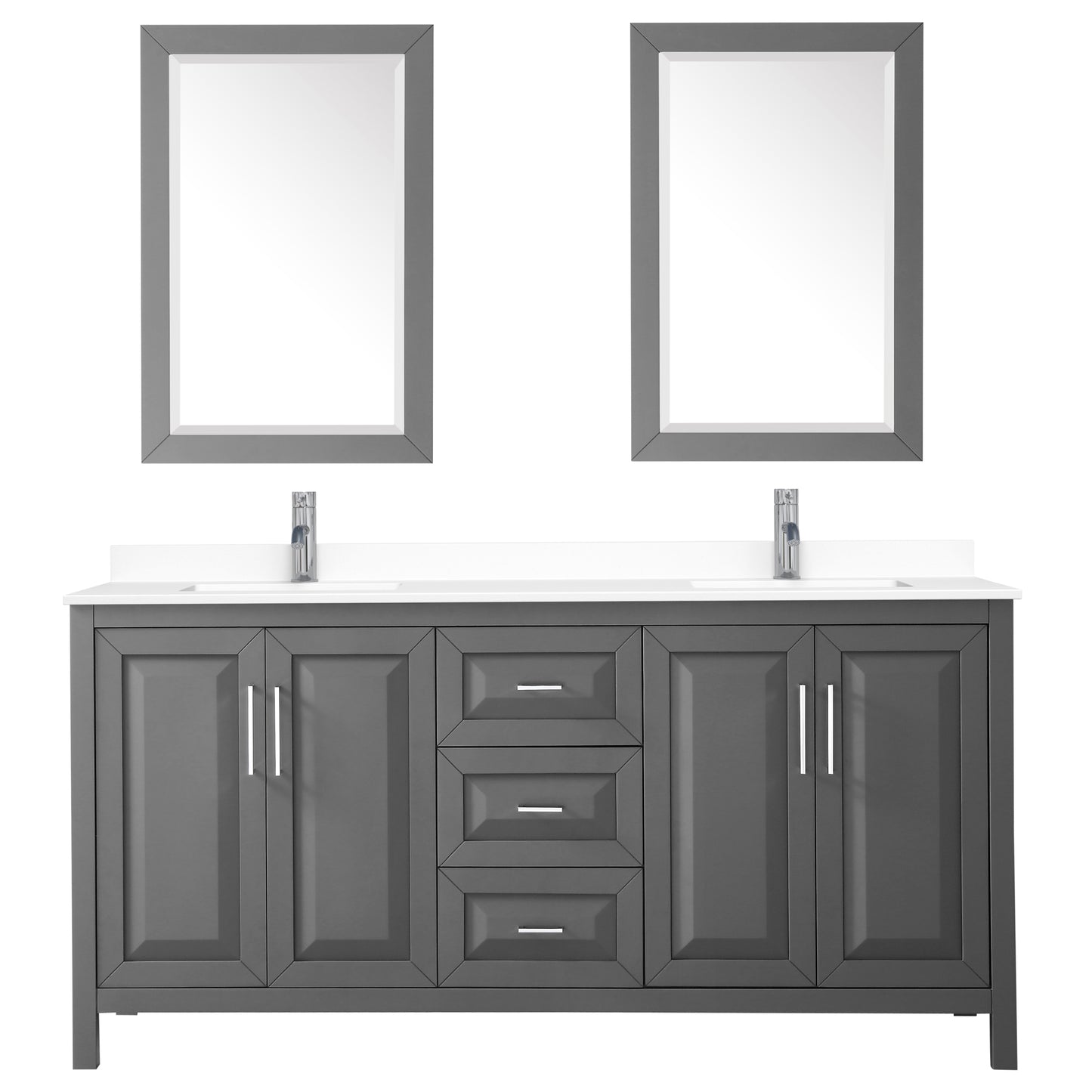 Daria 72" Double Vanity in Dark Gray, White Cultured Marble Top, 24" Mirrors