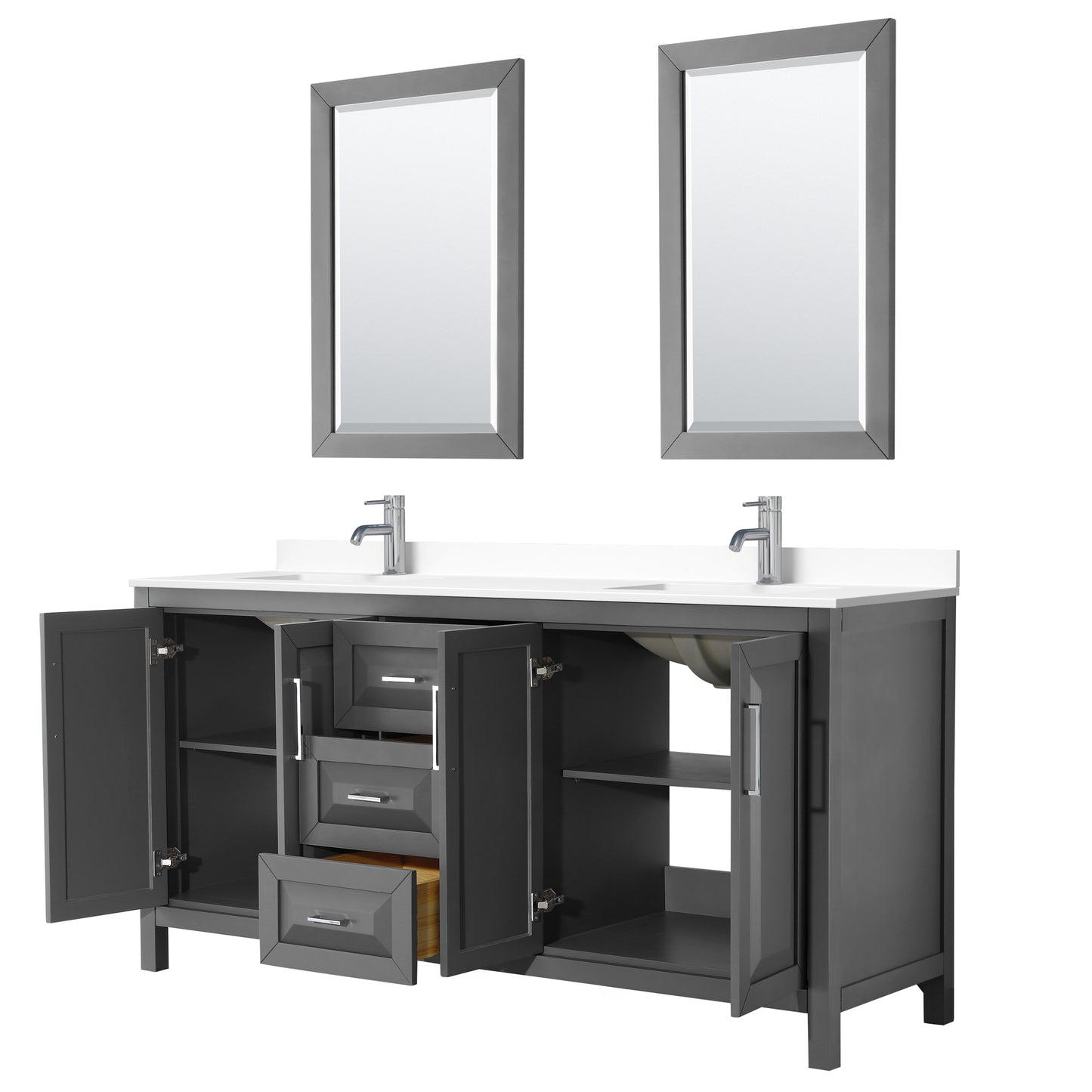 Daria 72" Double Vanity in Dark Gray, White Cultured Marble Top, 24" Mirrors