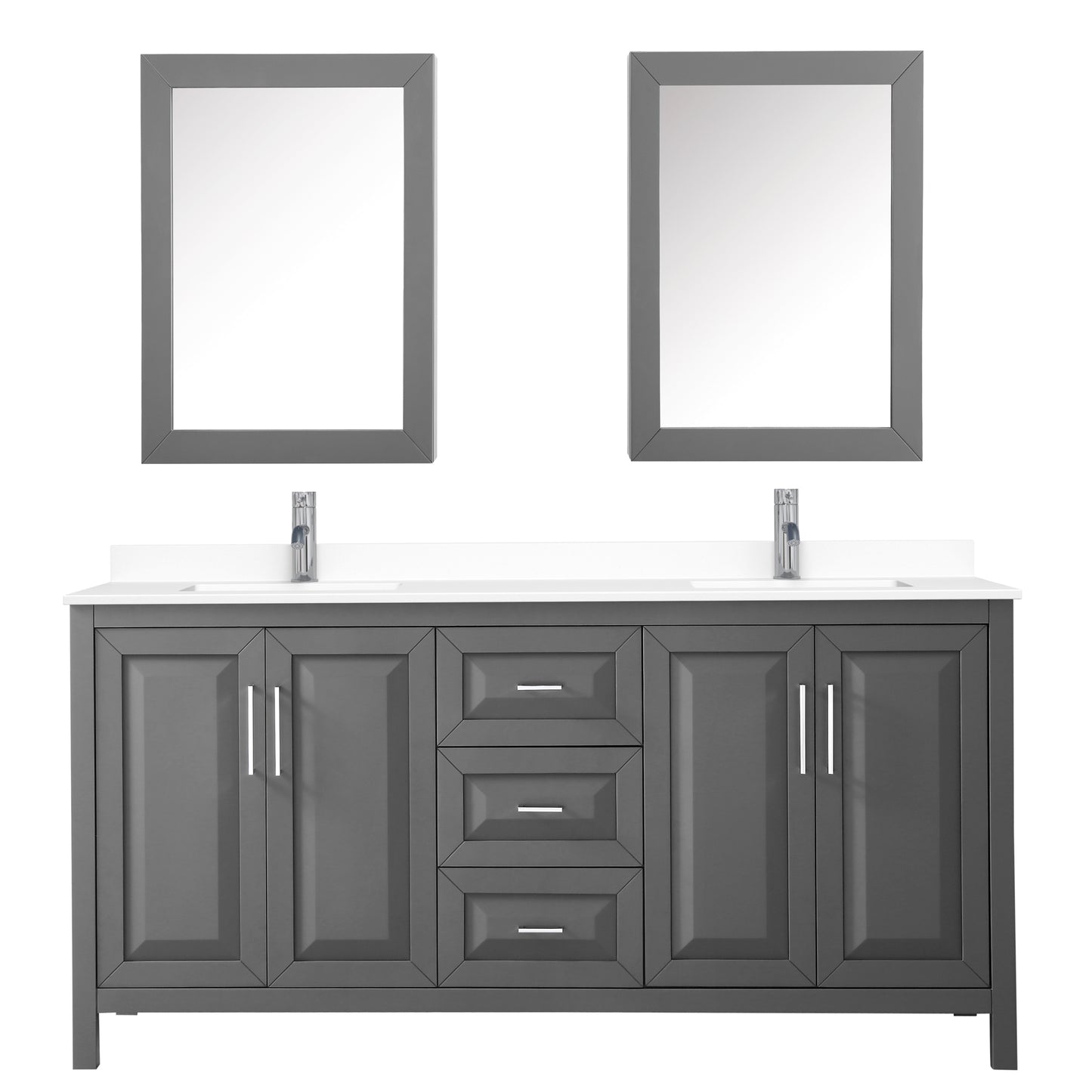 Daria 72" Double Vanity in Gray, White Cultured Marble Top, Medicine Cabinets