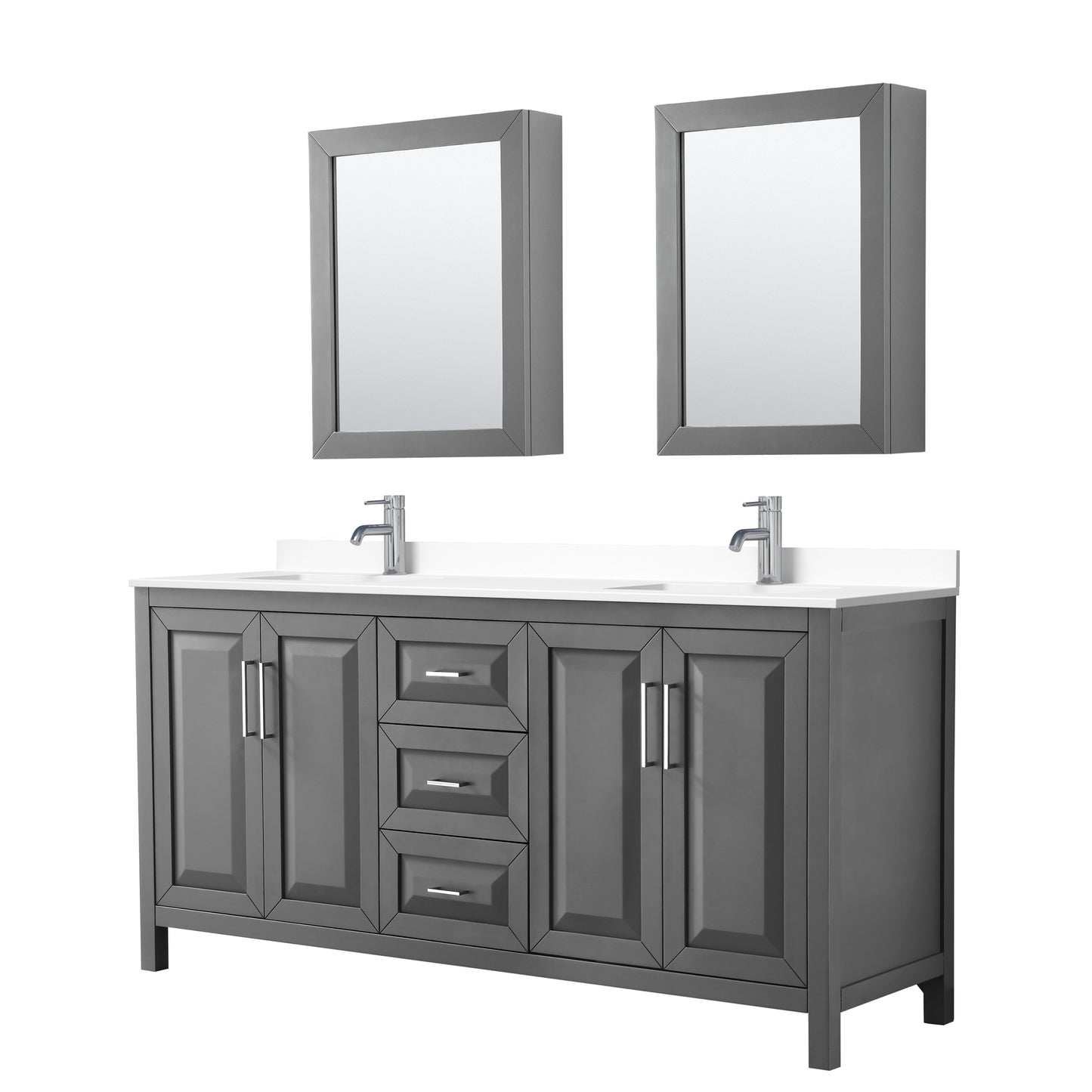 Daria 72" Double Vanity in Gray, White Cultured Marble Top, Medicine Cabinets