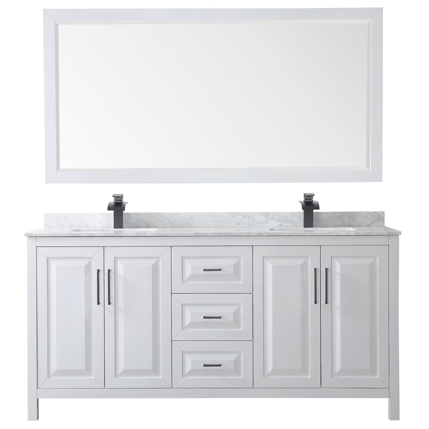 Daria 72" Double Vanity in White, Top, Square Matte Black Trim, 70" Mirror