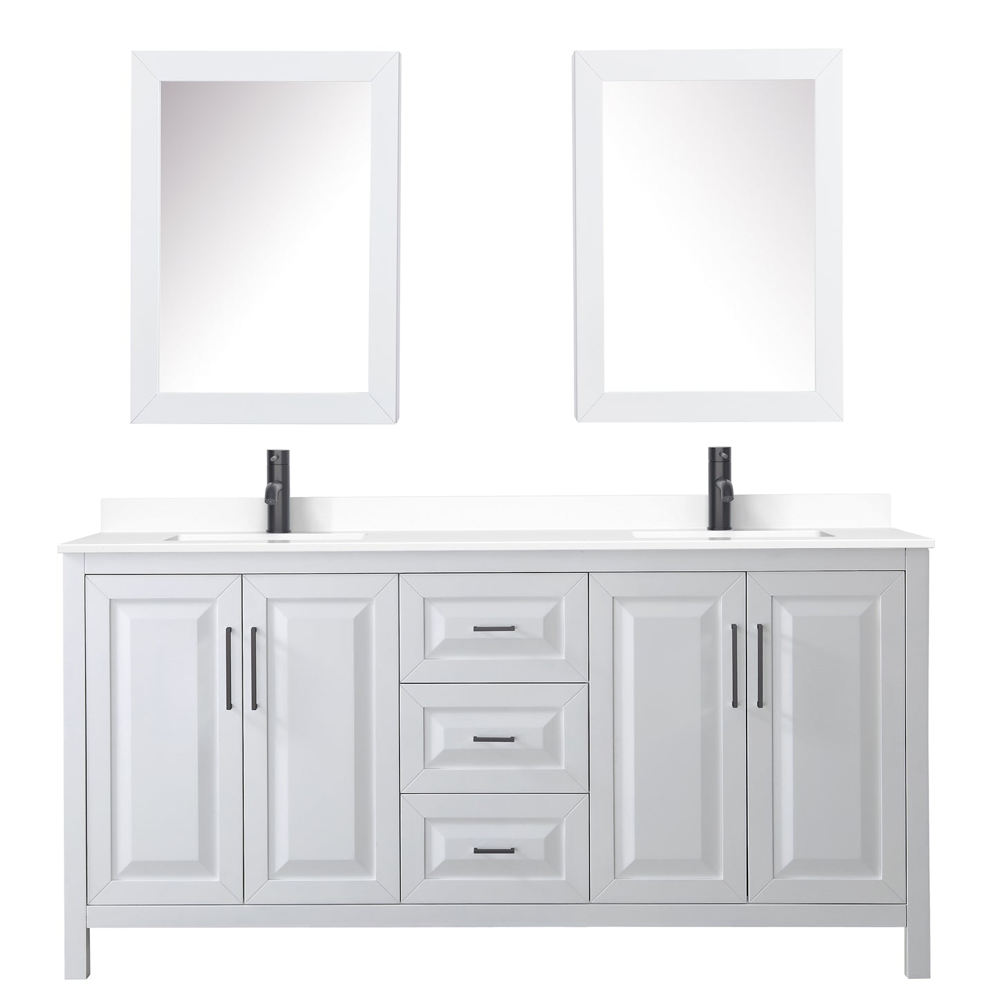 Daria 72" White Double Vanity, White Marble Top, Black Trim, Medicine Cabinets