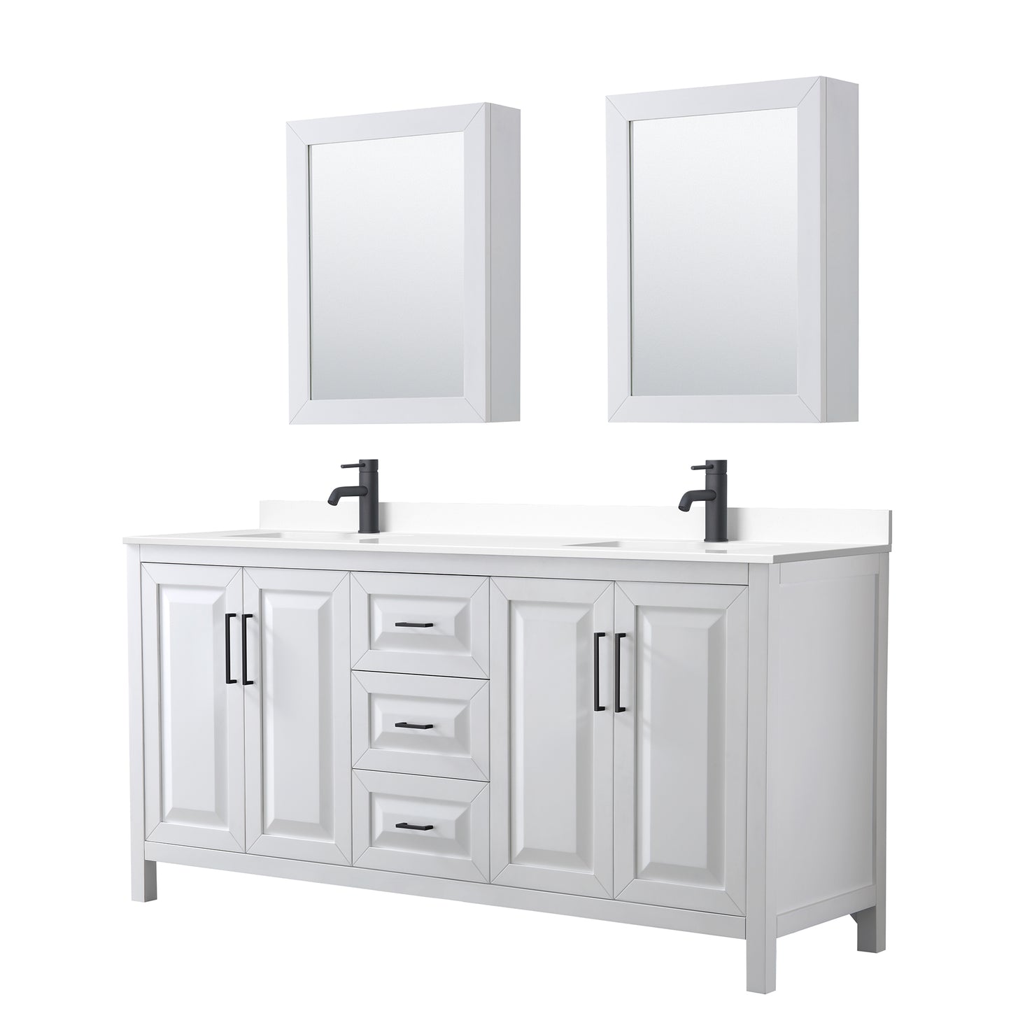 Daria 72" White Double Vanity, White Marble Top, Black Trim, Medicine Cabinets