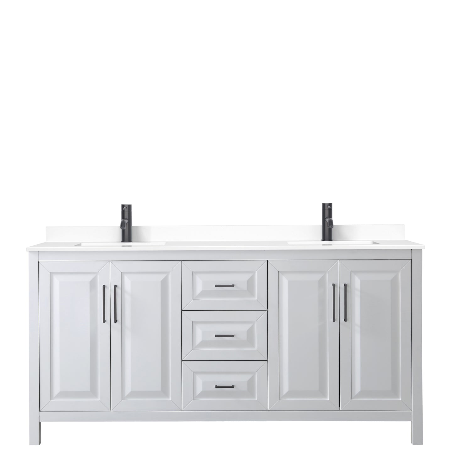 Daria 72" Double Vanity in White, White Cultured Marble Top, Black Trim