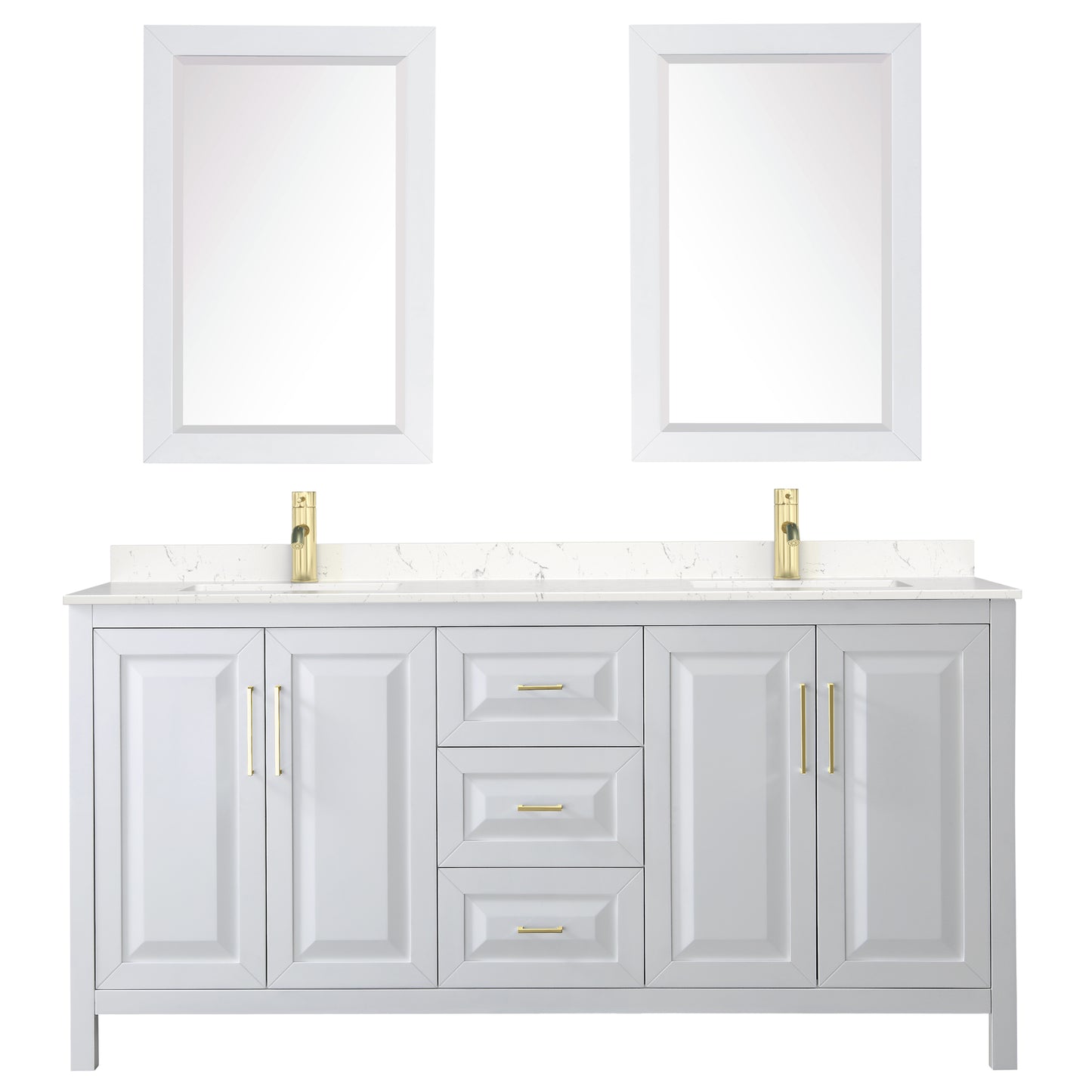 Daria 72" White Double Vanity, Carrara Marble Top, 24" Mirrors, Gold Trim