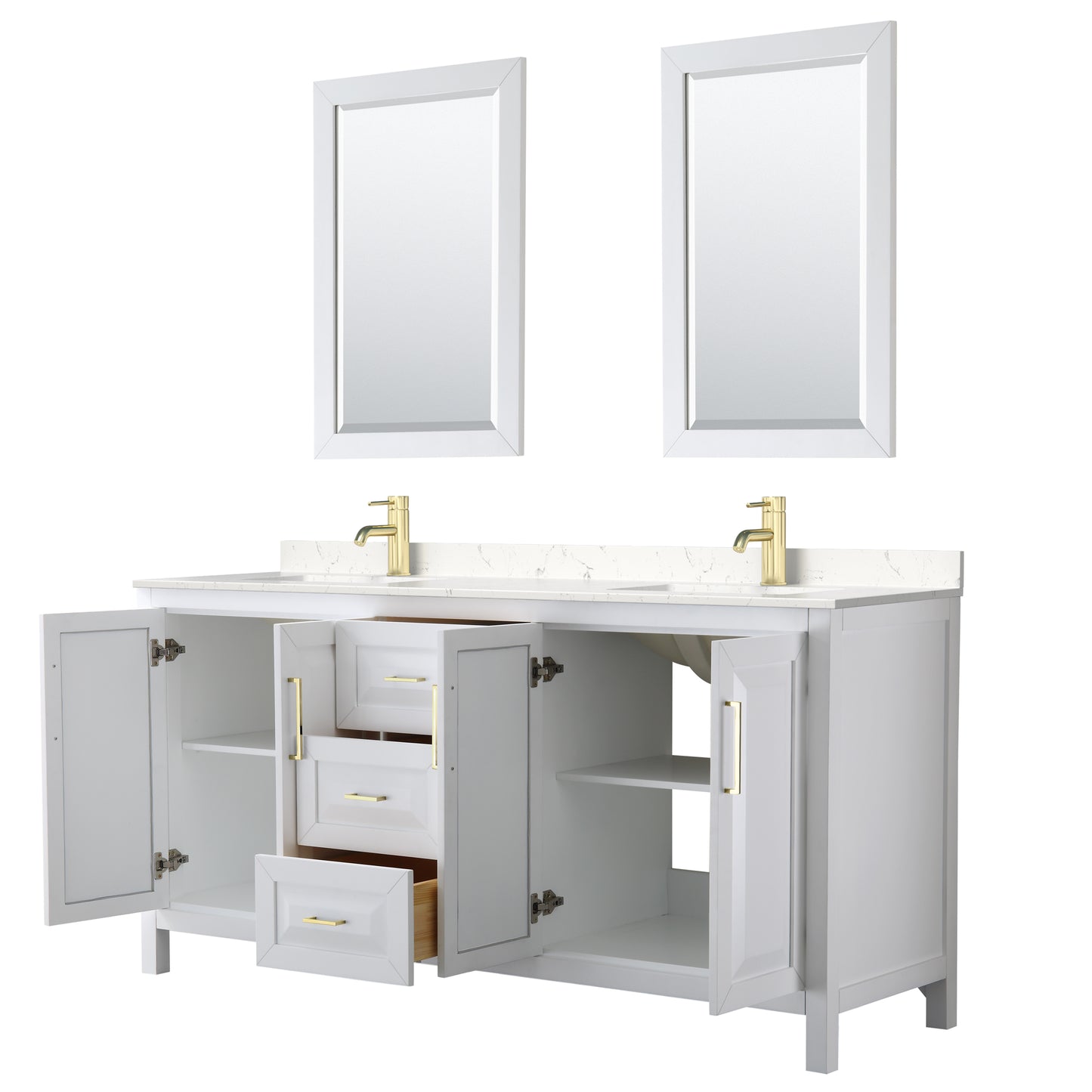 Daria 72" White Double Vanity, Carrara Marble Top, 24" Mirrors, Gold Trim