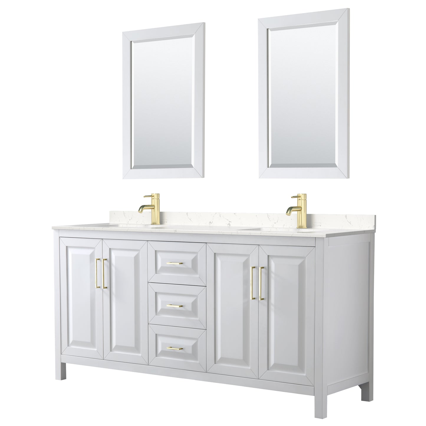 Daria 72" White Double Vanity, Carrara Marble Top, 24" Mirrors, Gold Trim