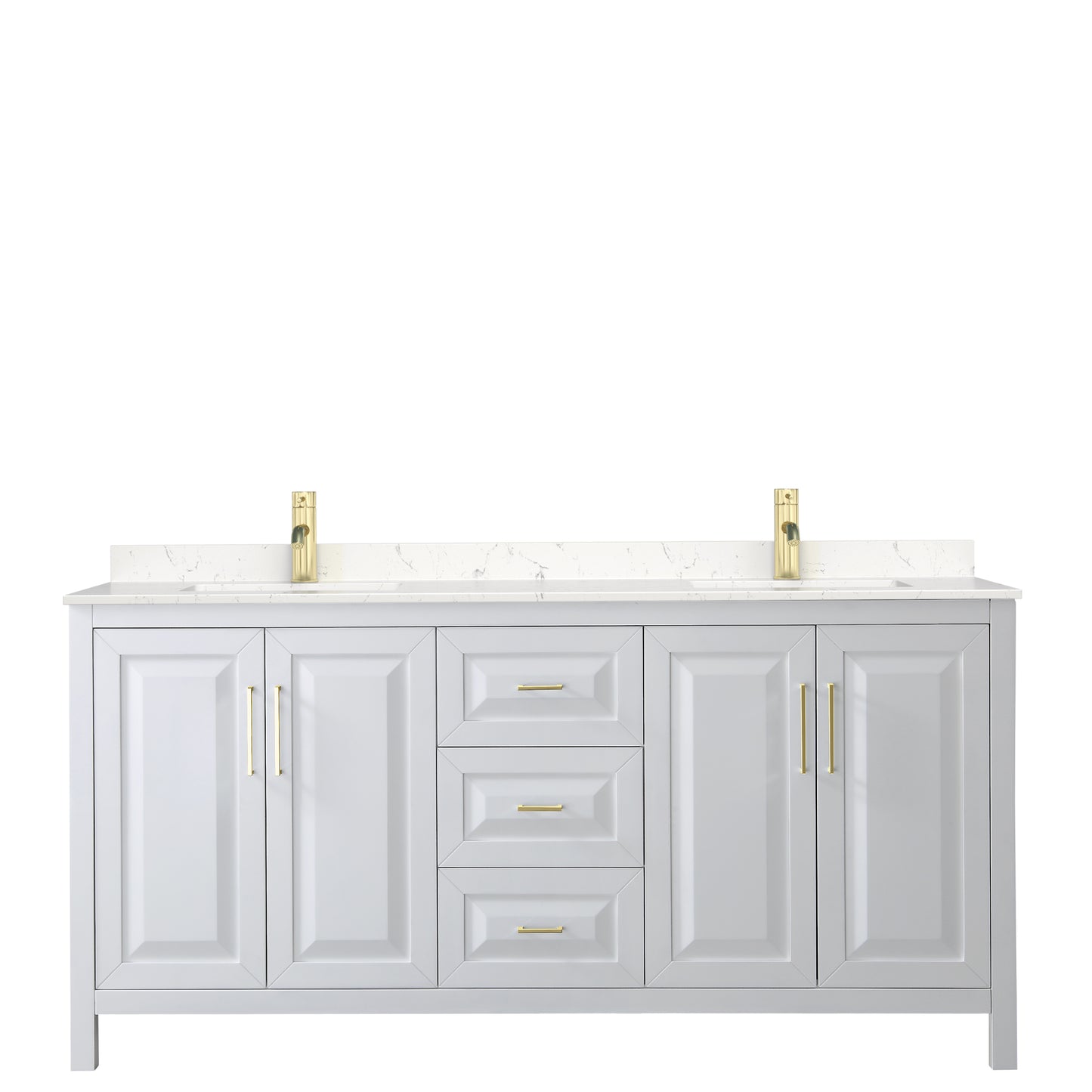 Daria 72" Double Vanity in White, Carrara Cultured Marble Top, Gold Trim