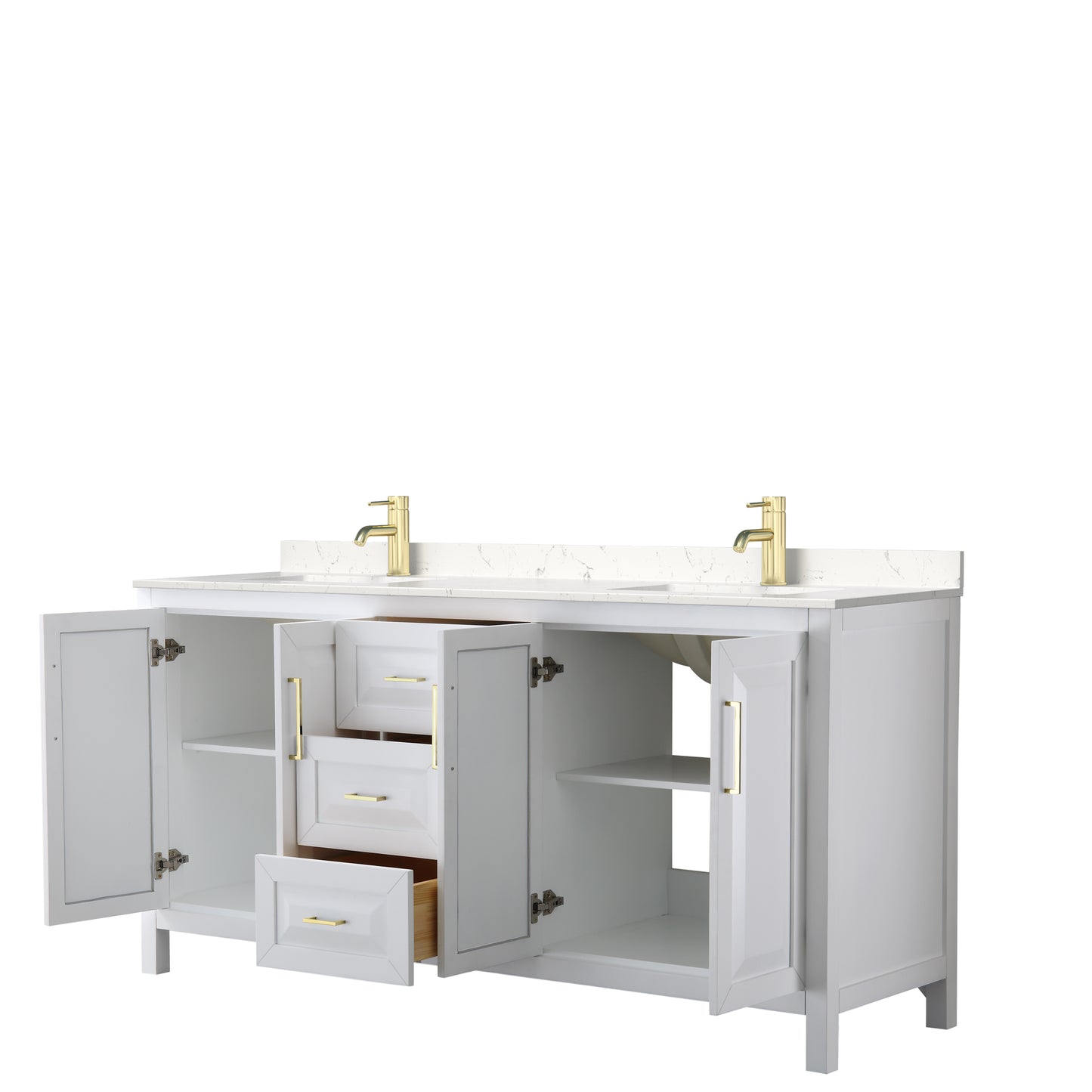 Daria 72" Double Vanity in White, Carrara Cultured Marble Top, Gold Trim