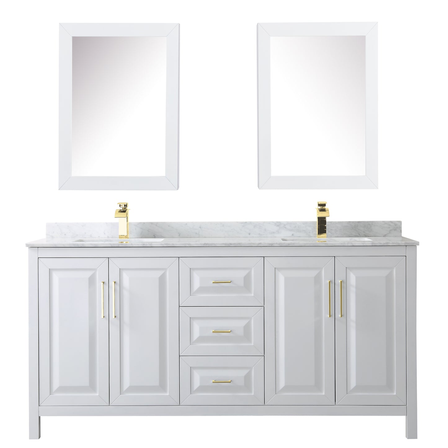 Daria 72" Double Vanity in White, Top, Medicine Cabinets, Brushed Gold Trim