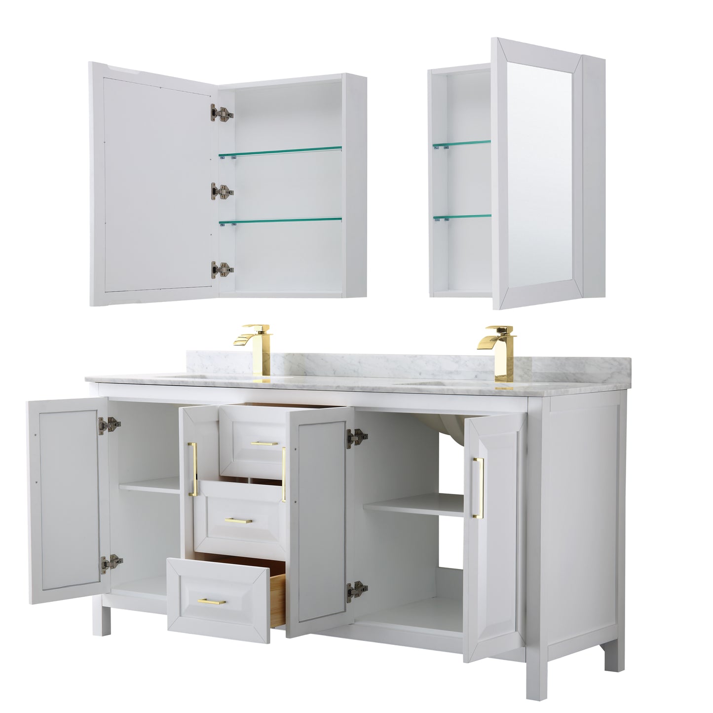 Daria 72" Double Vanity in White, Top, Medicine Cabinets, Brushed Gold Trim