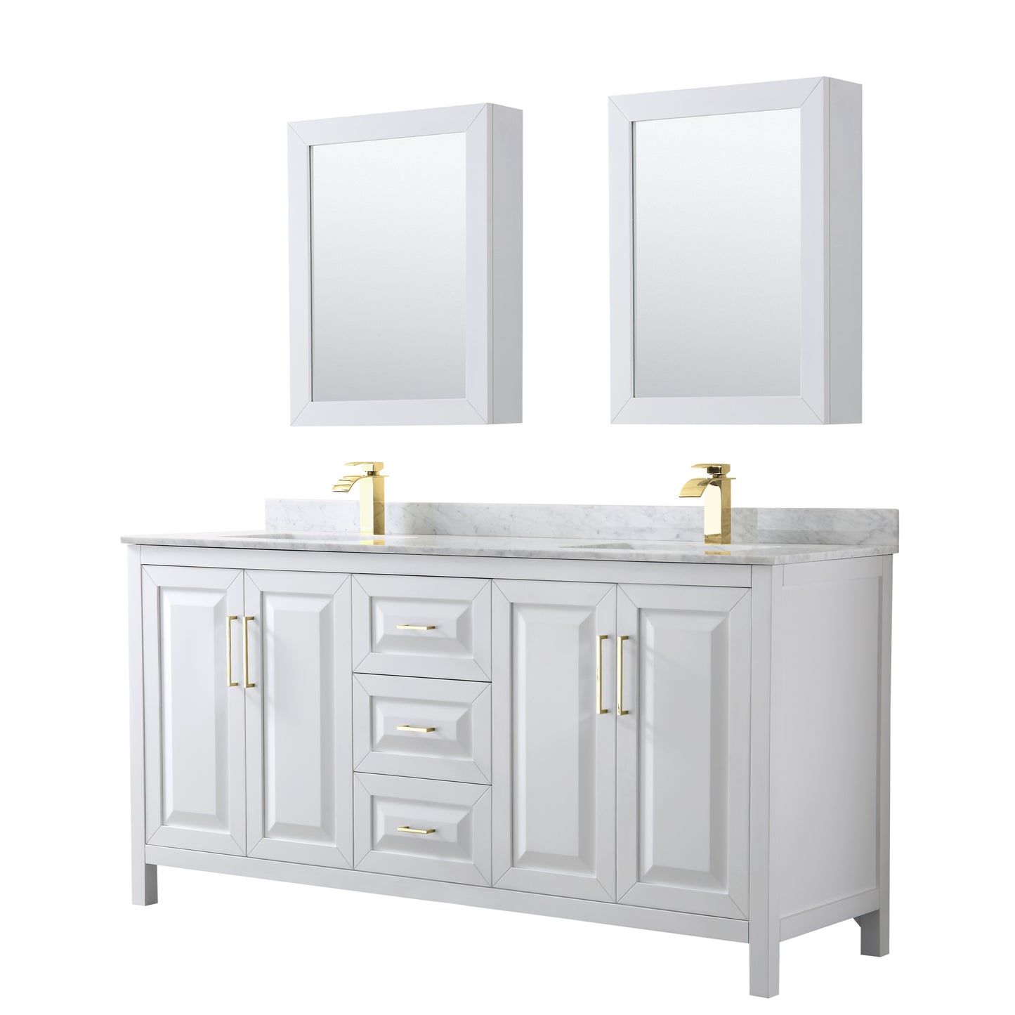 Daria 72" Double Vanity in White, Top, Medicine Cabinets, Brushed Gold Trim