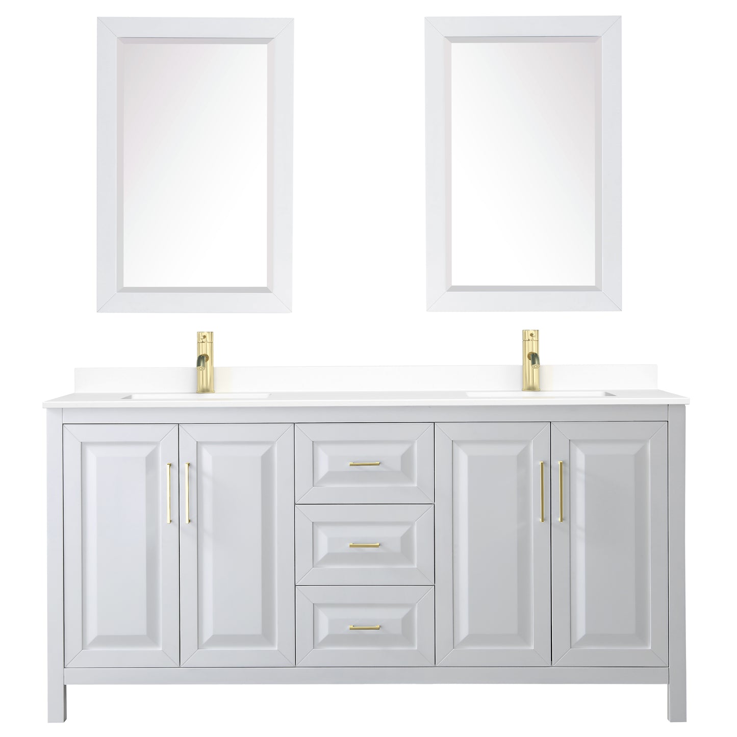 Daria 72" White Double Vanity, White Marble Top, 24" Mirrors, Brushed Gold Trim