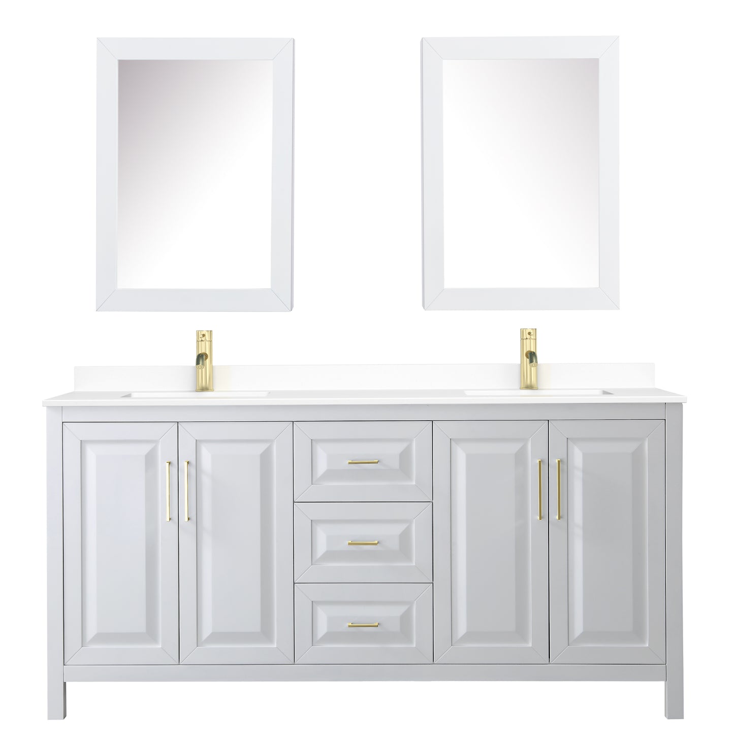 Daria 72" White Double Vanity, White Marble Top, Medicine Cabinets, Gold Trim