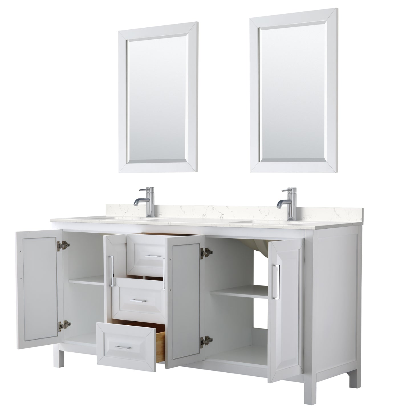 Daria 72" Double Vanity in White, Carrara Cultured Marble Top, 24" Mirrors