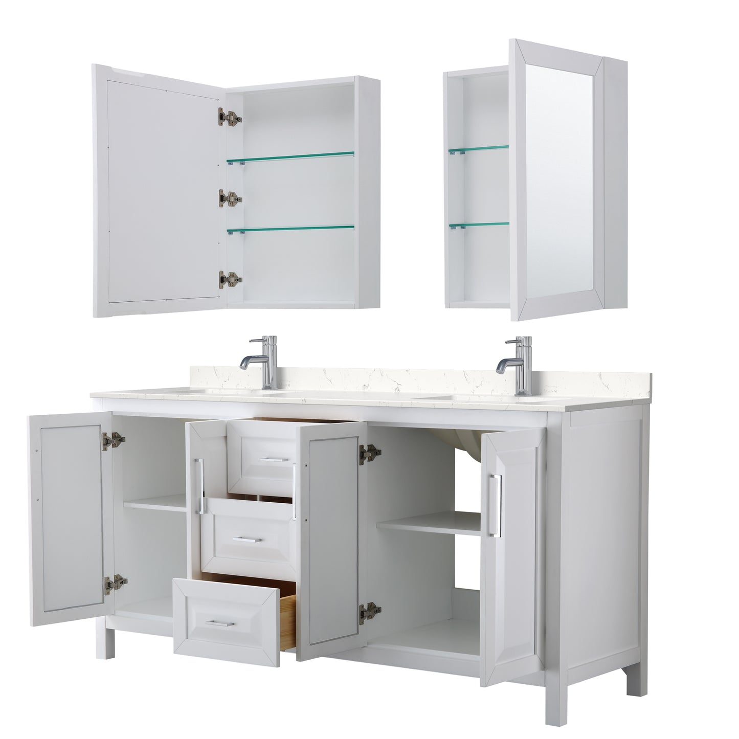 Daria 72" Double Vanity in White, Carrara Cultured Marble Top, Medicine Cabinets