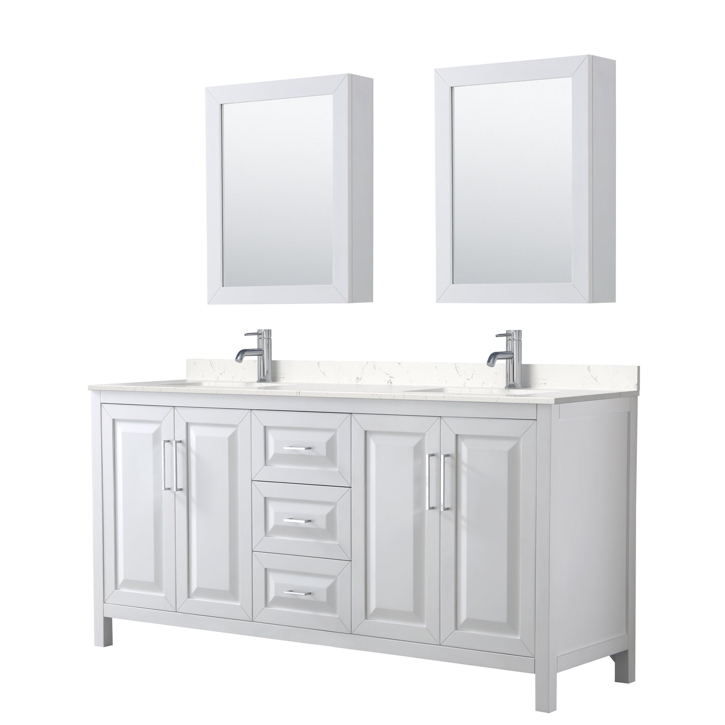 Daria 72" Double Vanity in White, Carrara Cultured Marble Top, Medicine Cabinets