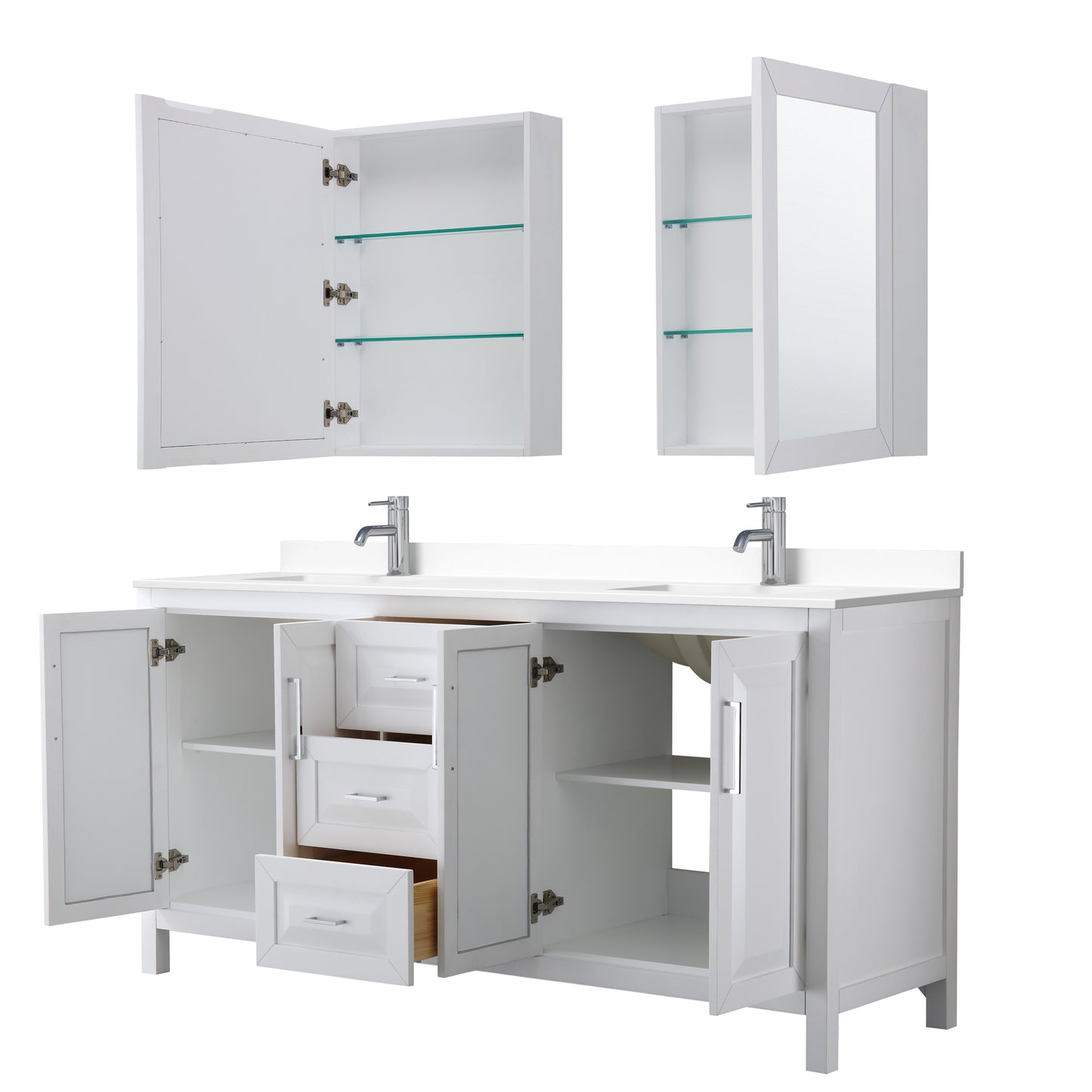 Daria 72" Double Vanity in White, White Cultured Marble Top, Medicine Cabinets