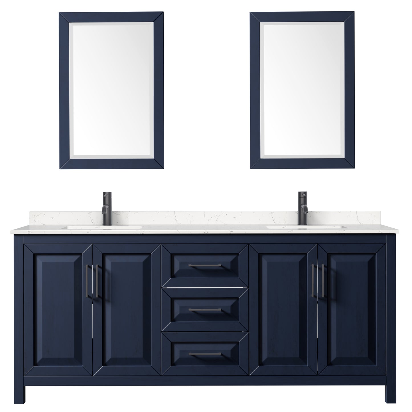 Daria 80" Dark Blue Double Vanity, Carrara Marble Top, Black Trim, 24" Mirrors