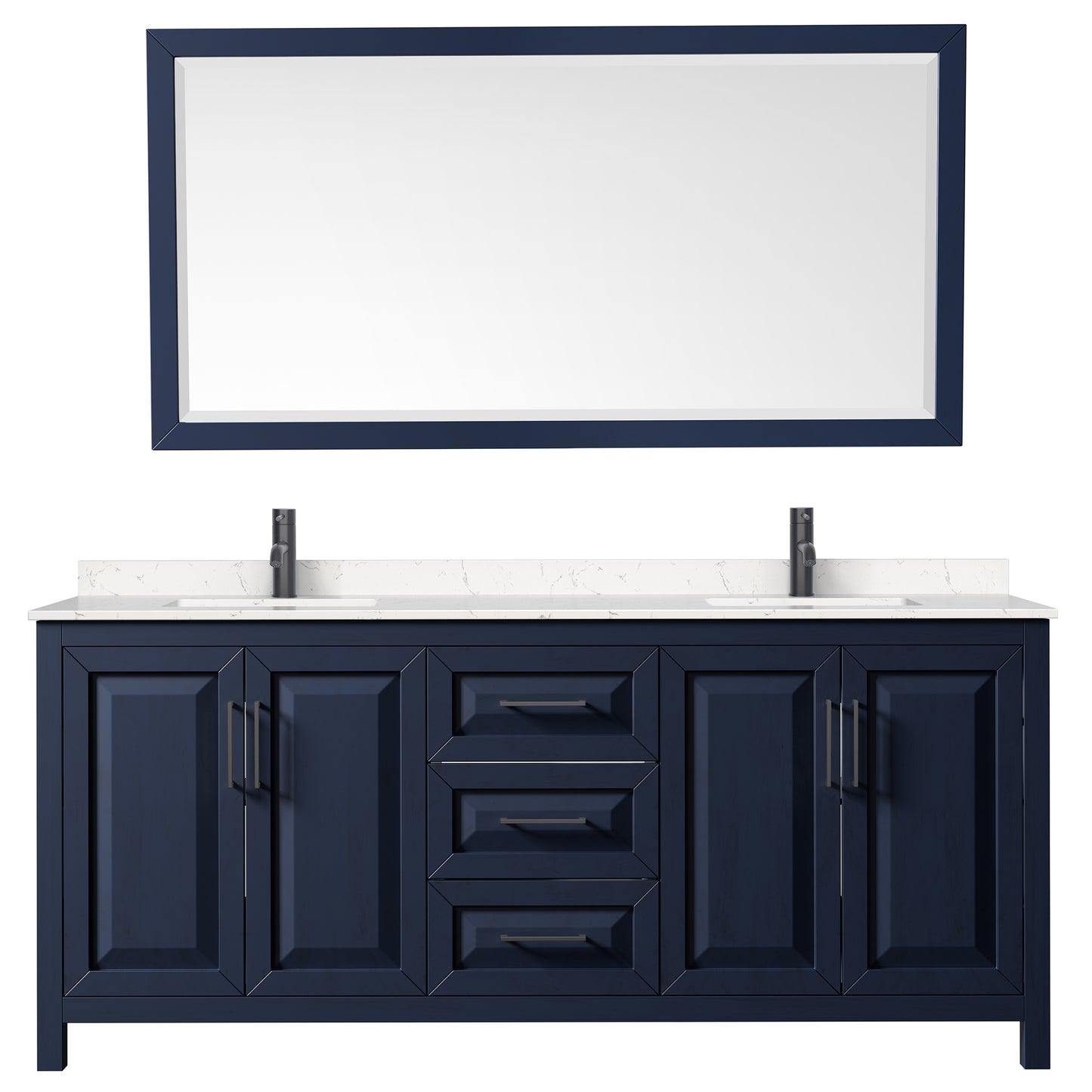 Daria 80" Double Vanity in Dark Blue, Carrara Marble Top, Black Trim, 70" Mirror