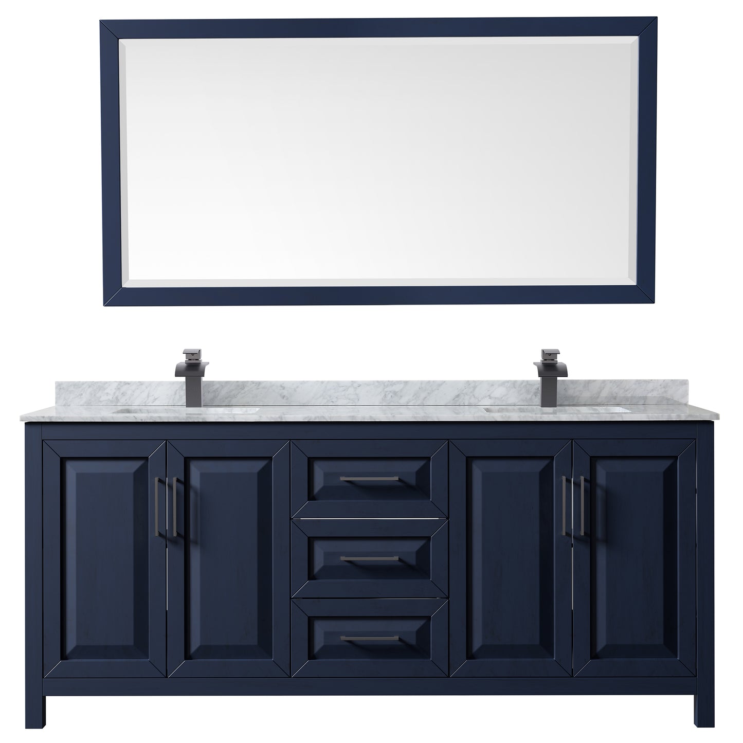 Daria 80" Double Vanity in Dark Blue, Top, Square Matte Black Trim, 70" Mirror