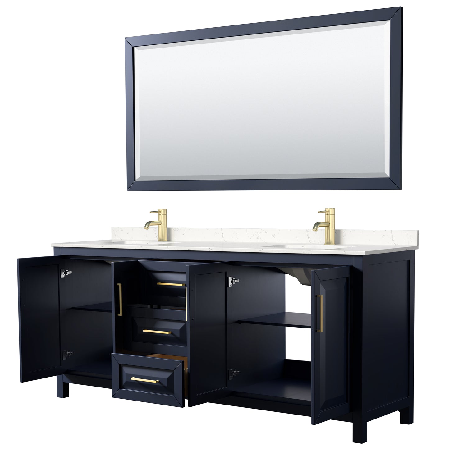 Daria 80" Double Vanity in Dark Blue, Carrara Cultured Marble Top, 70" Mirror