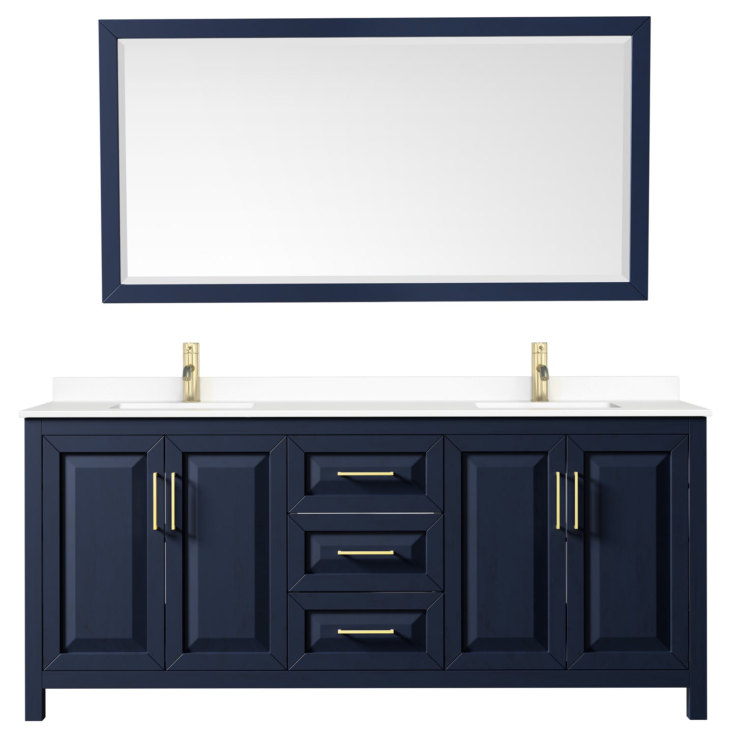 Daria 80" Double Vanity in Dark Blue, White Cultured Marble Top, 70" Mirror