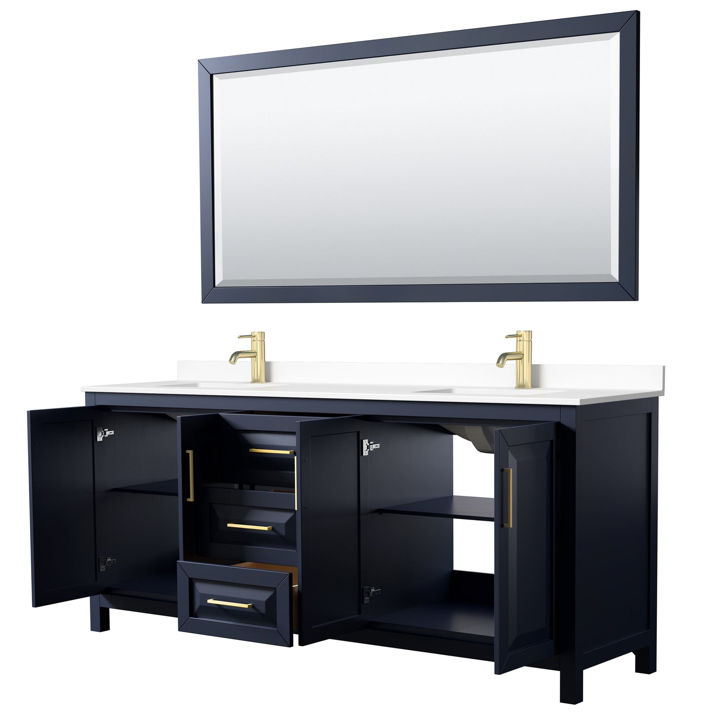 Daria 80" Double Vanity in Dark Blue, White Cultured Marble Top, 70" Mirror
