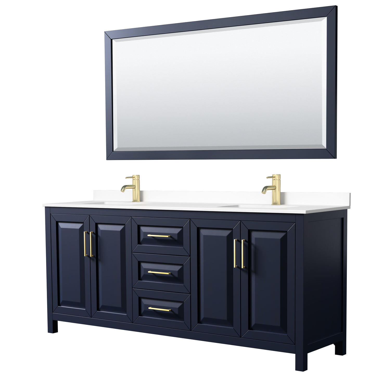 Daria 80" Double Vanity in Dark Blue, White Cultured Marble Top, 70" Mirror