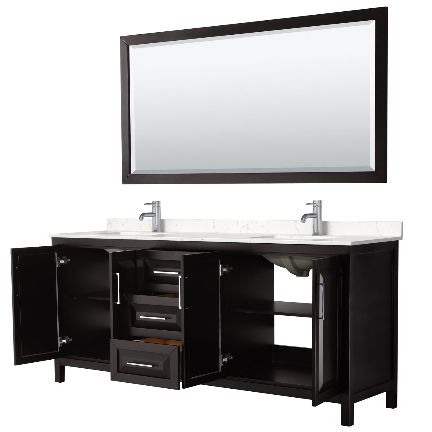 Daria 80" Double Vanity in Espresso, Carrara Cultured Marble Top, 70" Mirror
