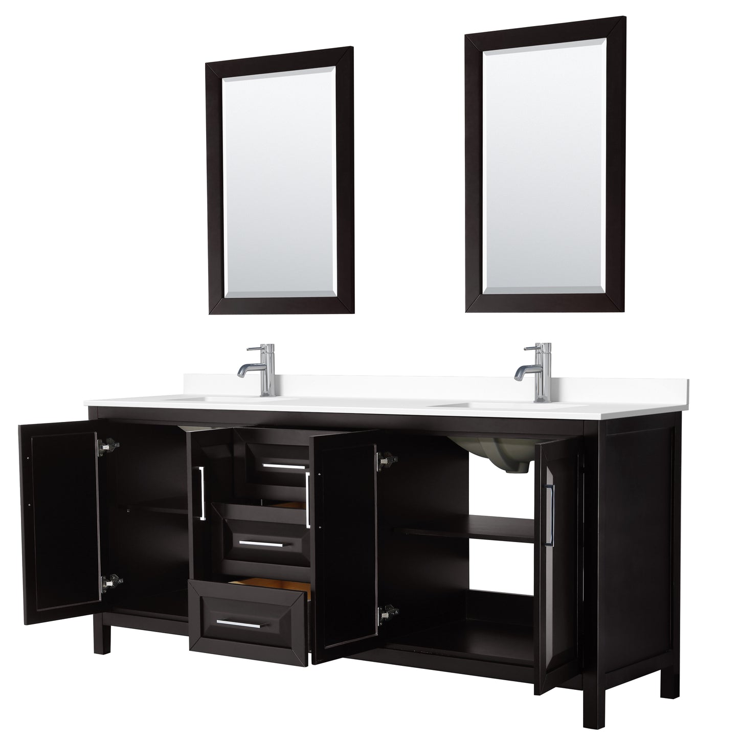 Daria 80" Double Vanity in Dark Espresso, White Cultured Marble Top, 24" Mirrors