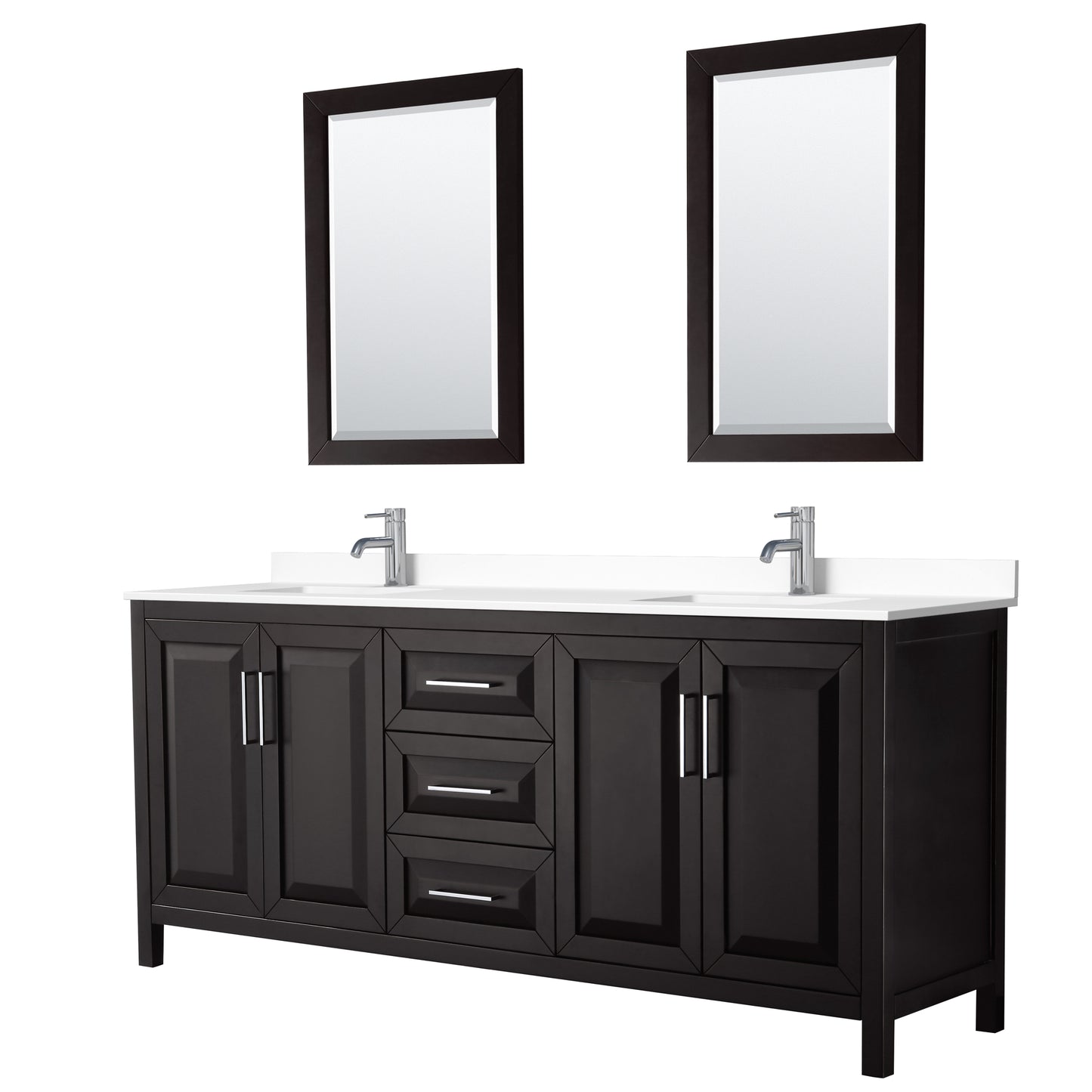 Daria 80" Double Vanity in Dark Espresso, White Cultured Marble Top, 24" Mirrors