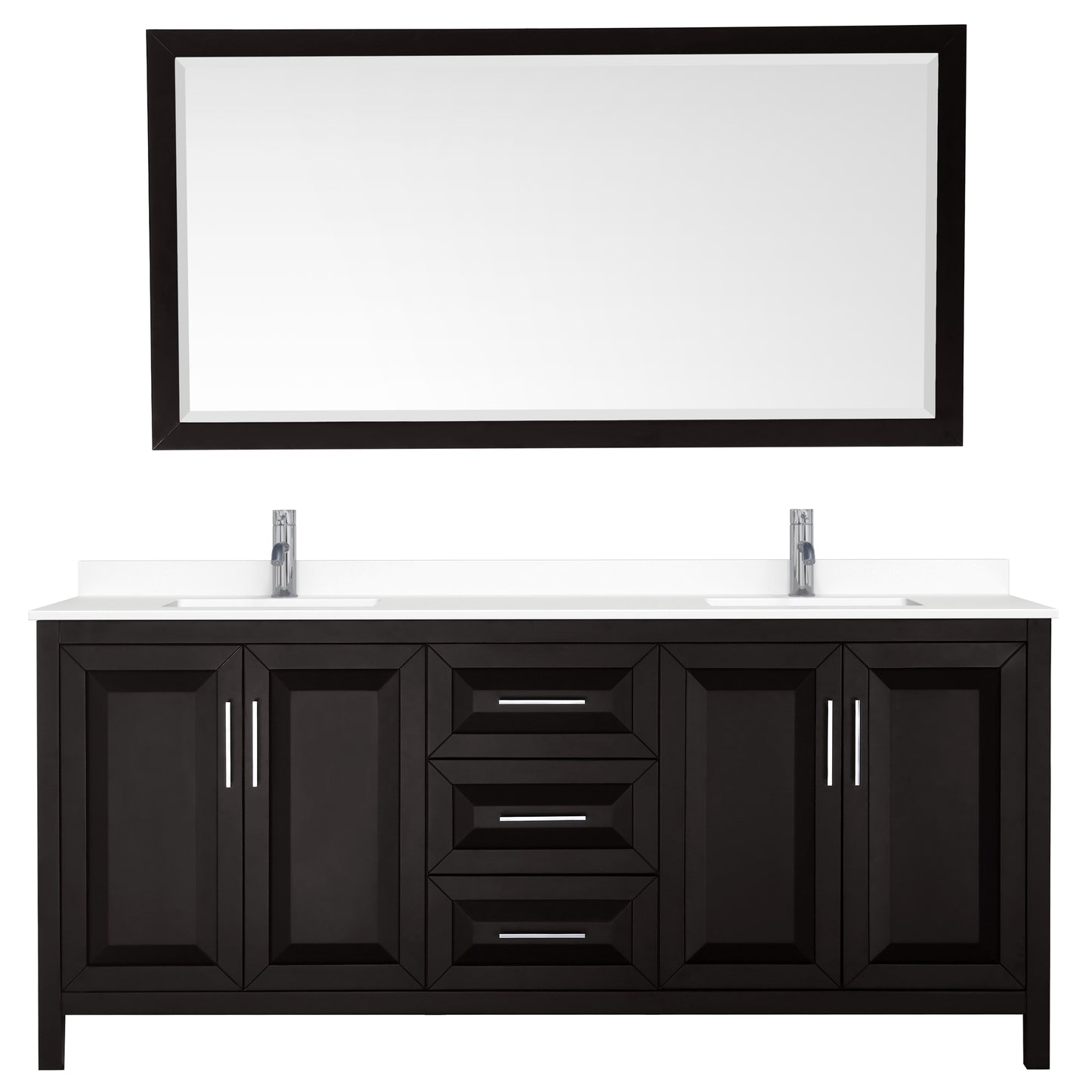Daria 80" Double Vanity in Dark Espresso, White Cultured Marble Top, 70" Mirror