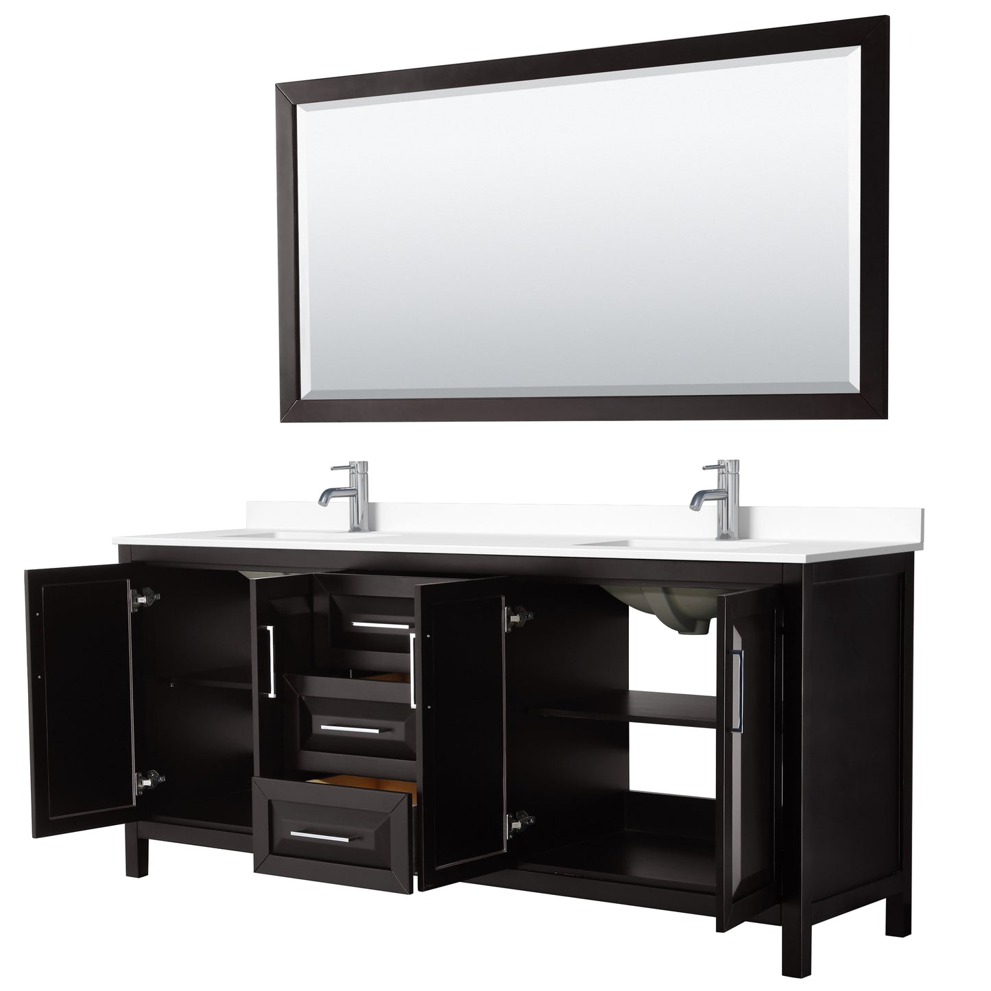Daria 80" Double Vanity in Dark Espresso, White Cultured Marble Top, 70" Mirror