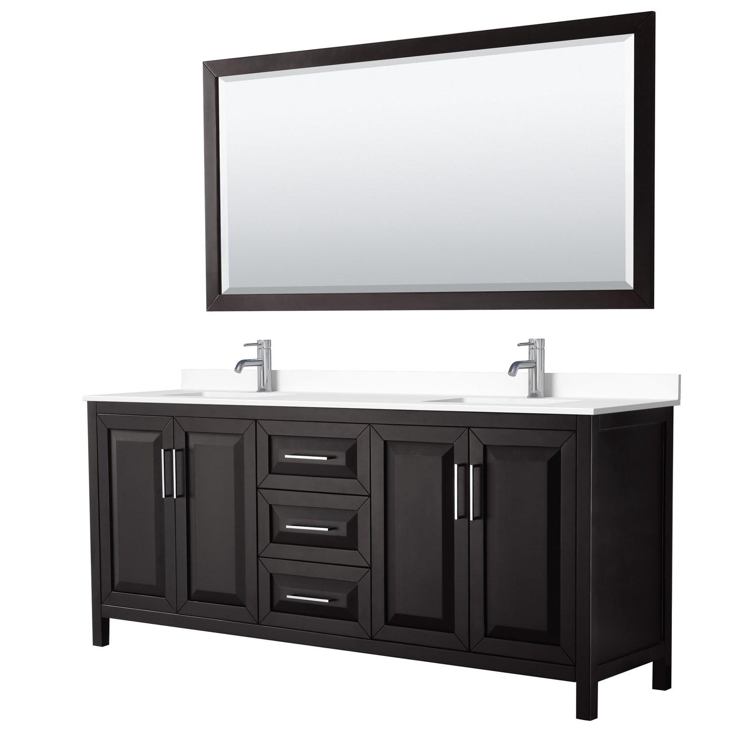 Daria 80" Double Vanity in Dark Espresso, White Cultured Marble Top, 70" Mirror
