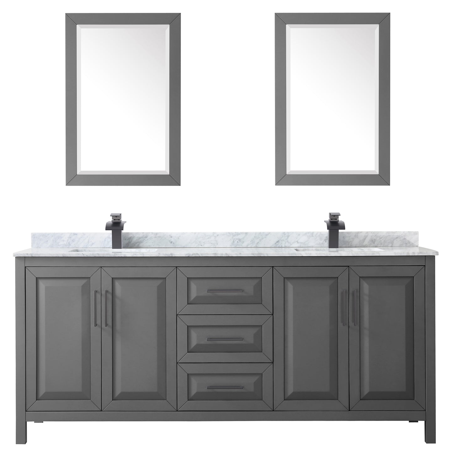 Daria 80" Double Vanity in Dark Gray, Top, Square Matte Black Trim, 24" Mirrors