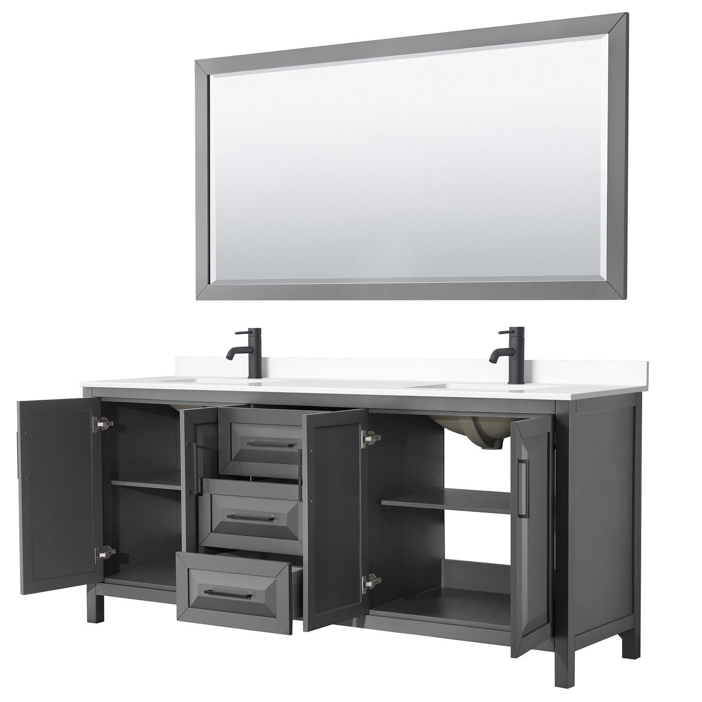 Daria 80" Double Vanity in Dark Gray, White Marble Top, Black Trim, 70" Mirror
