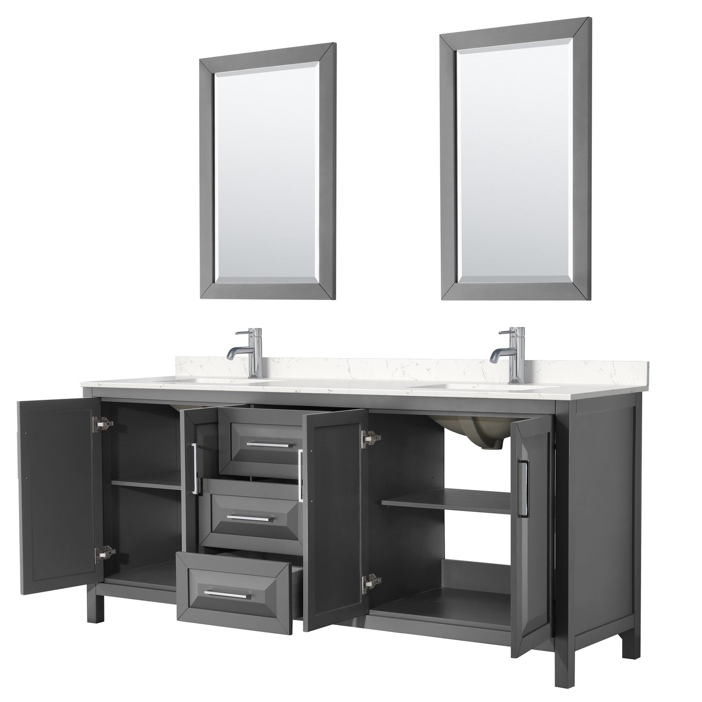 Daria 80" Double Vanity in Dark Gray, Carrara Cultured Marble Top, 24" Mirrors