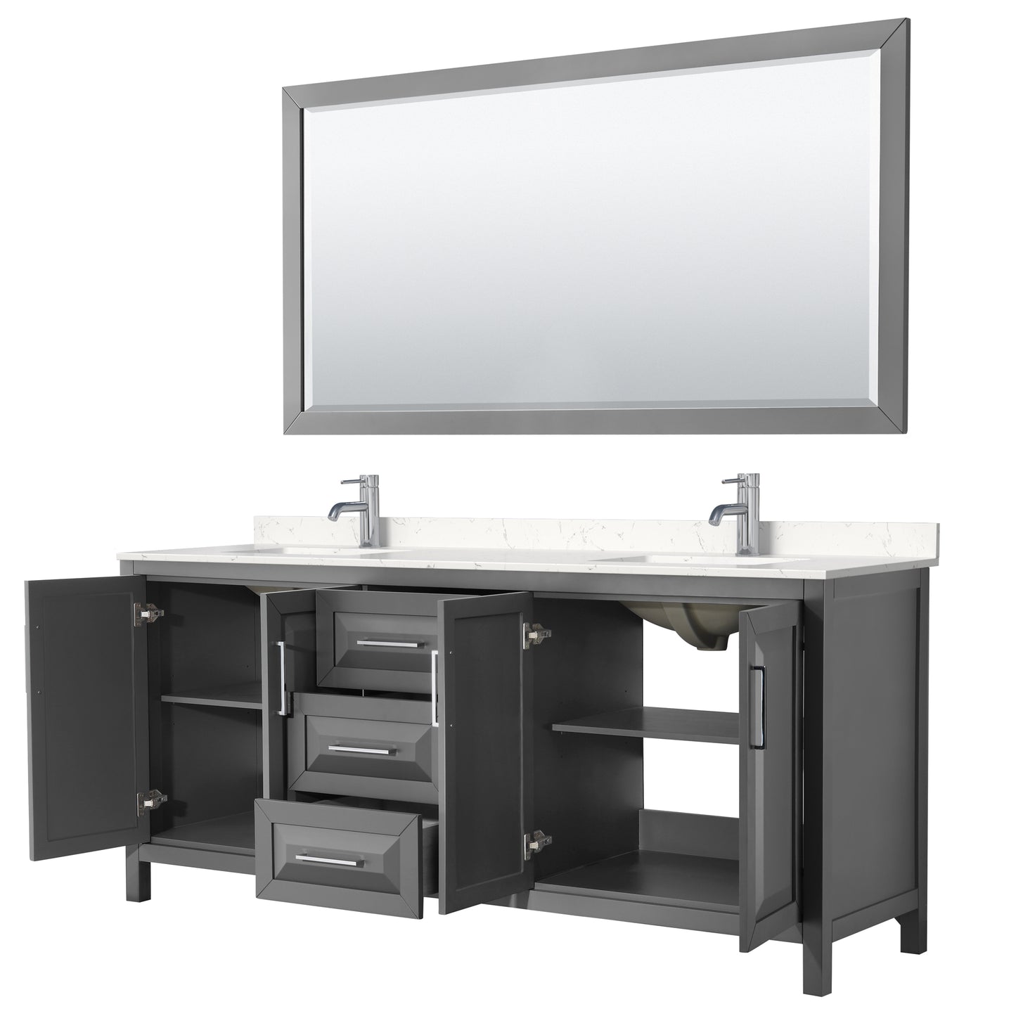 Daria 80" Double Vanity in Dark Gray, Carrara Cultured Marble Top, 70" Mirror